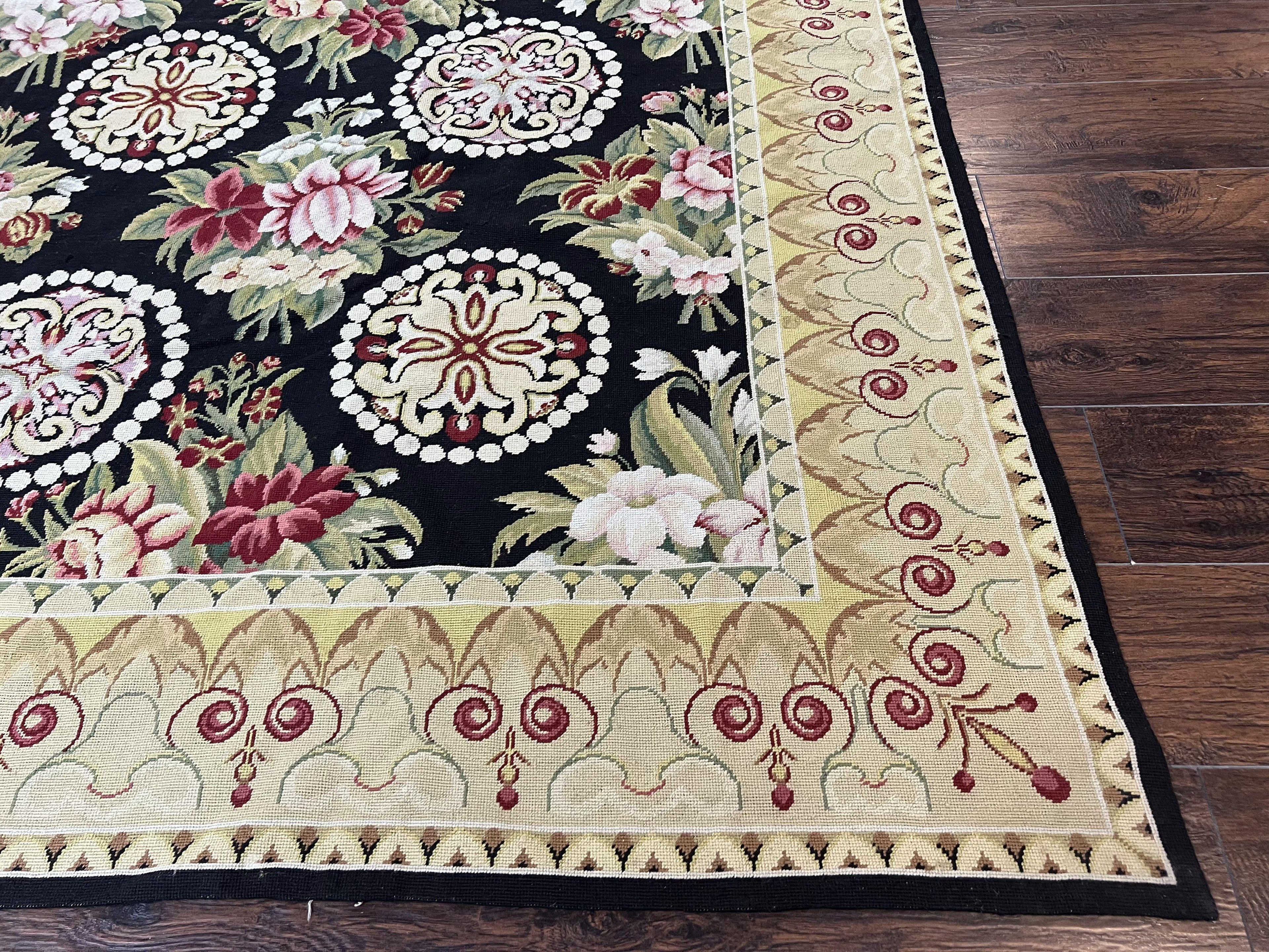 9x12 Black Needlepoint Rug, European Floral Panel Design, Handwoven, Vintage Chinese Needlepoint, Black Green Beige, Wool Rug 9 x 12