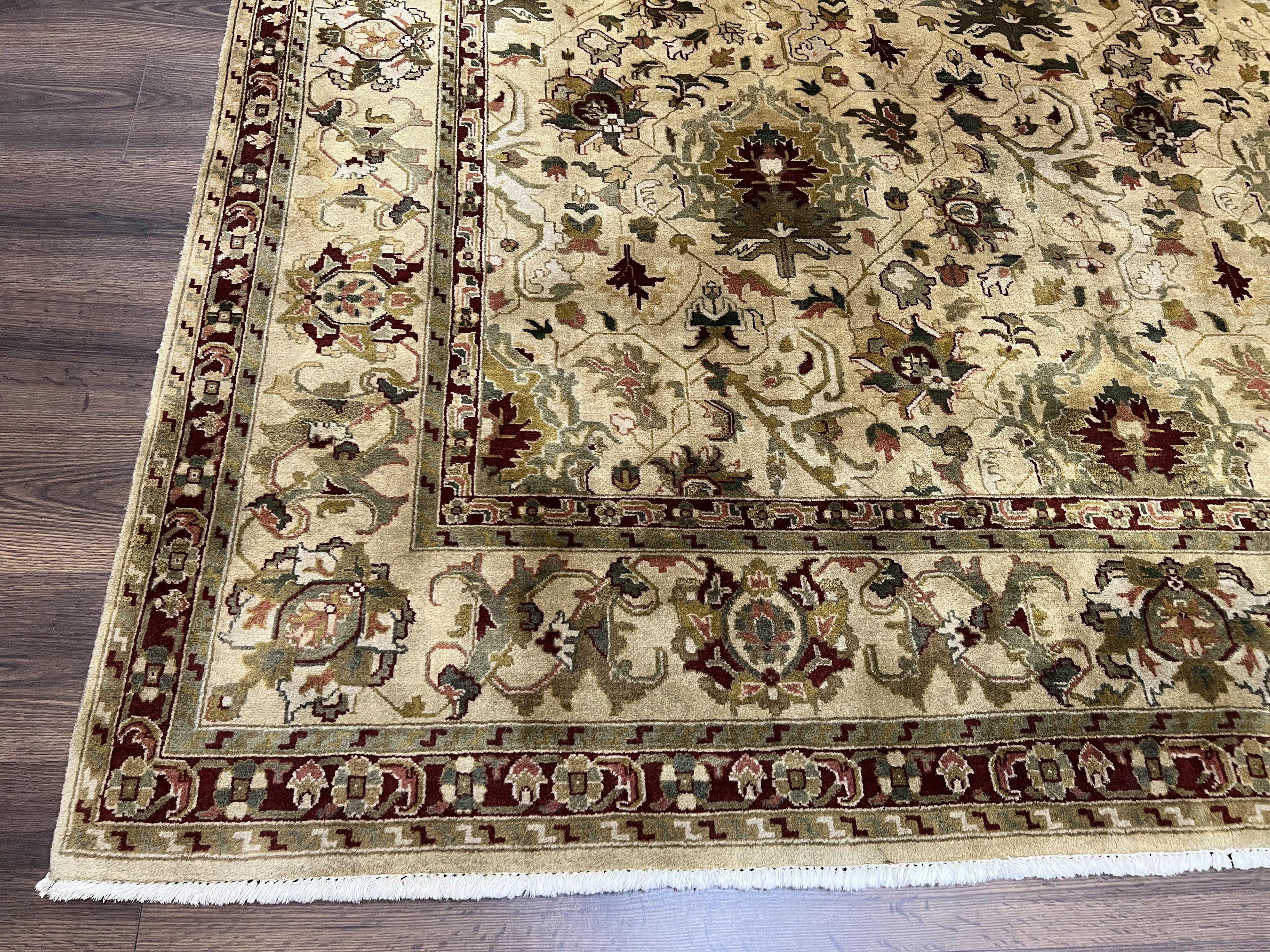 Indian Mahal Rug 8x10, Allover Floral Mahal Oriental Carpet 8 x 10, Handmade Hand Knotted Wool Rug, Indo Persian Area Rug, Tea-Washed Tan