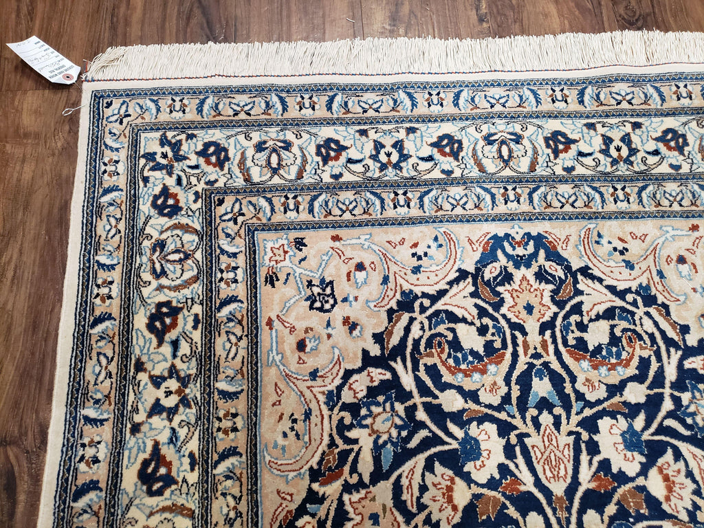 Persian Nain Rug 4x6, Ivory and Blue, Hand-Knotted, Wool & Silk