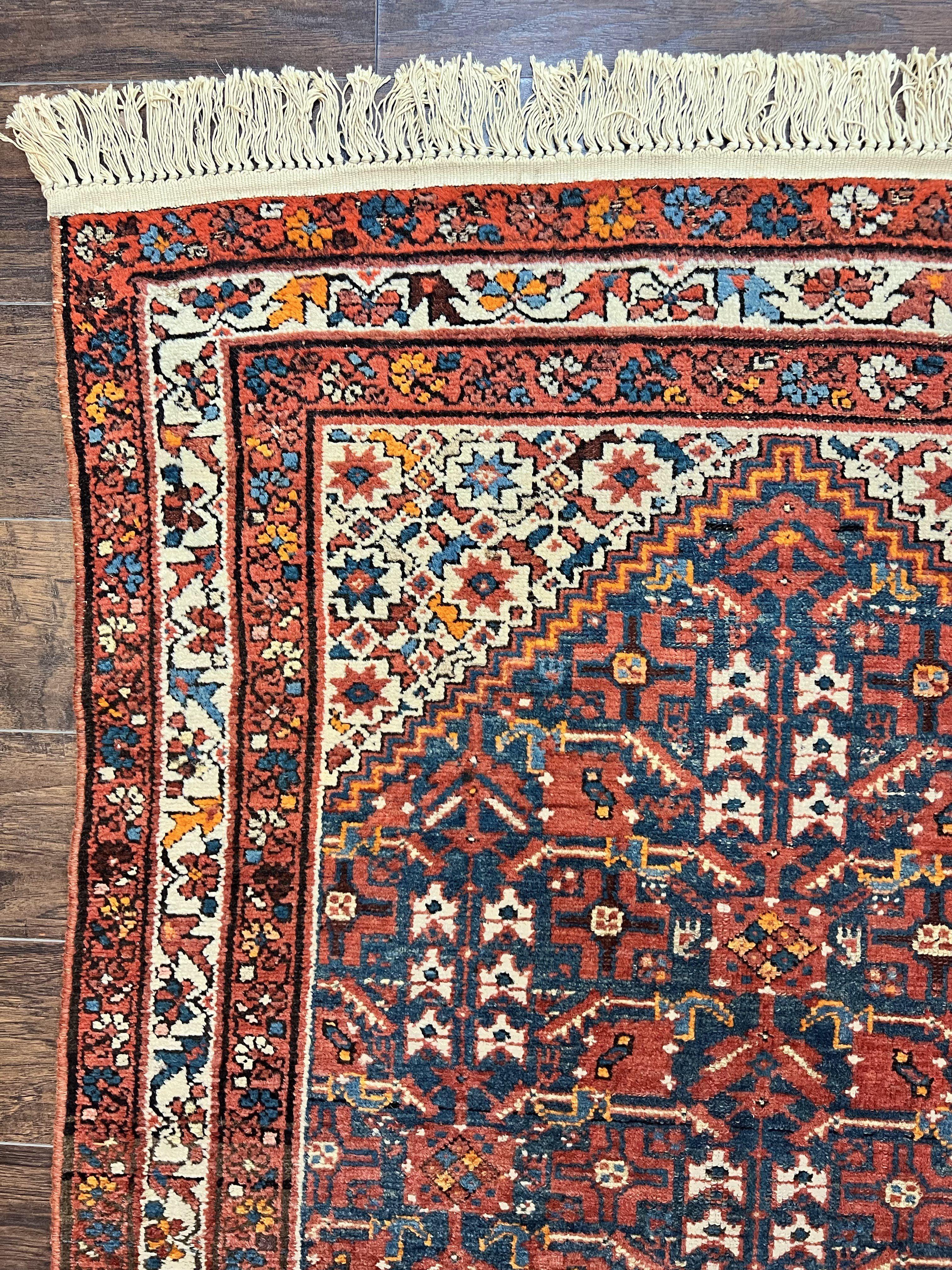 Persian Malayer Rug 4x7, Tribal Rug, Geometric, Antique Oriental Carpet, Red Blue Cream, Boho Rug, Hand Knotted Wool Rug