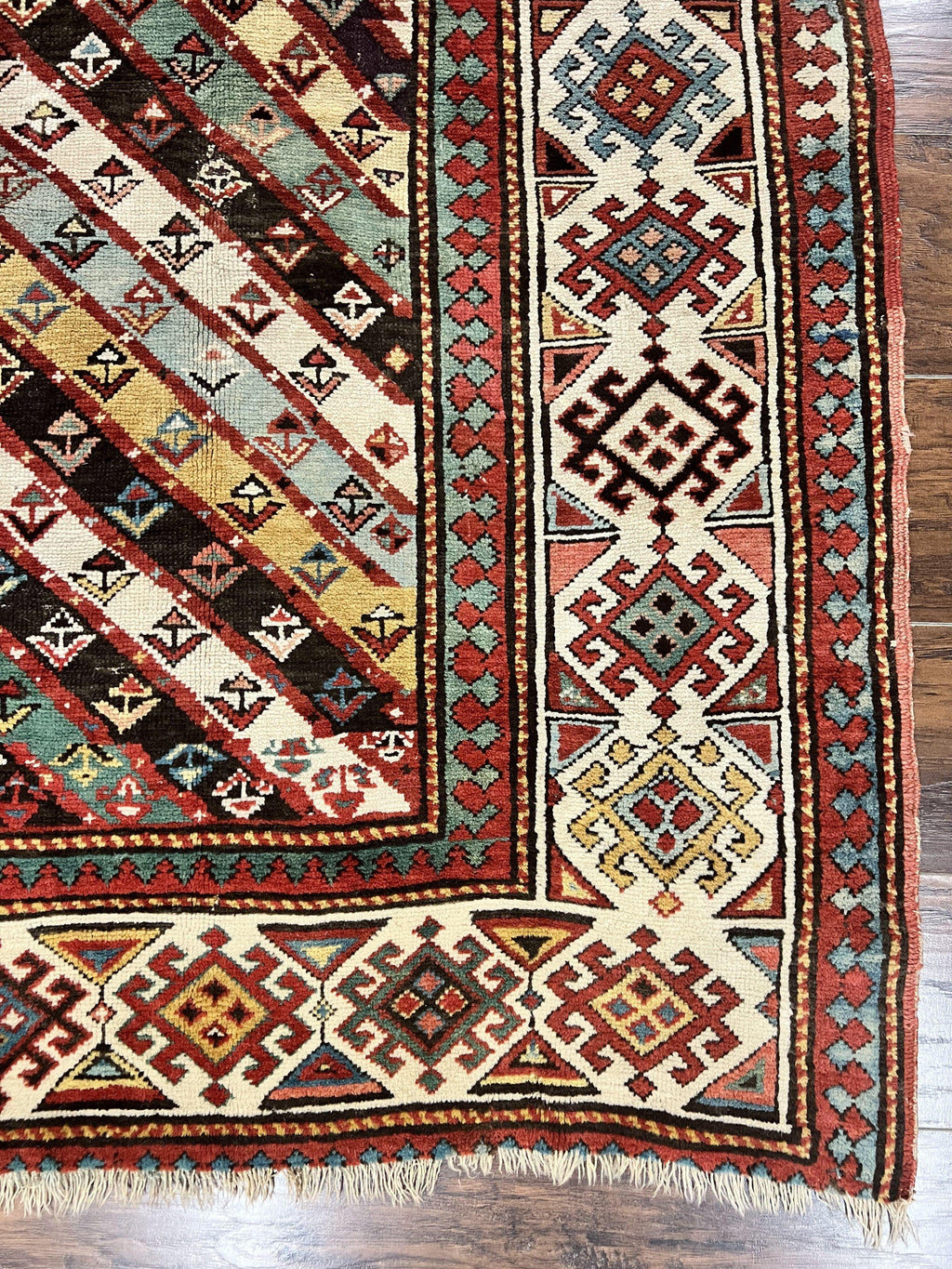 Caucasian Kazak Runner Rug 3.6 x 8, Wool Hand Knotted Antique 1880s Carpet, Ivory & Multicolor Stripes Oriental Runner Rug, Hallway Rug