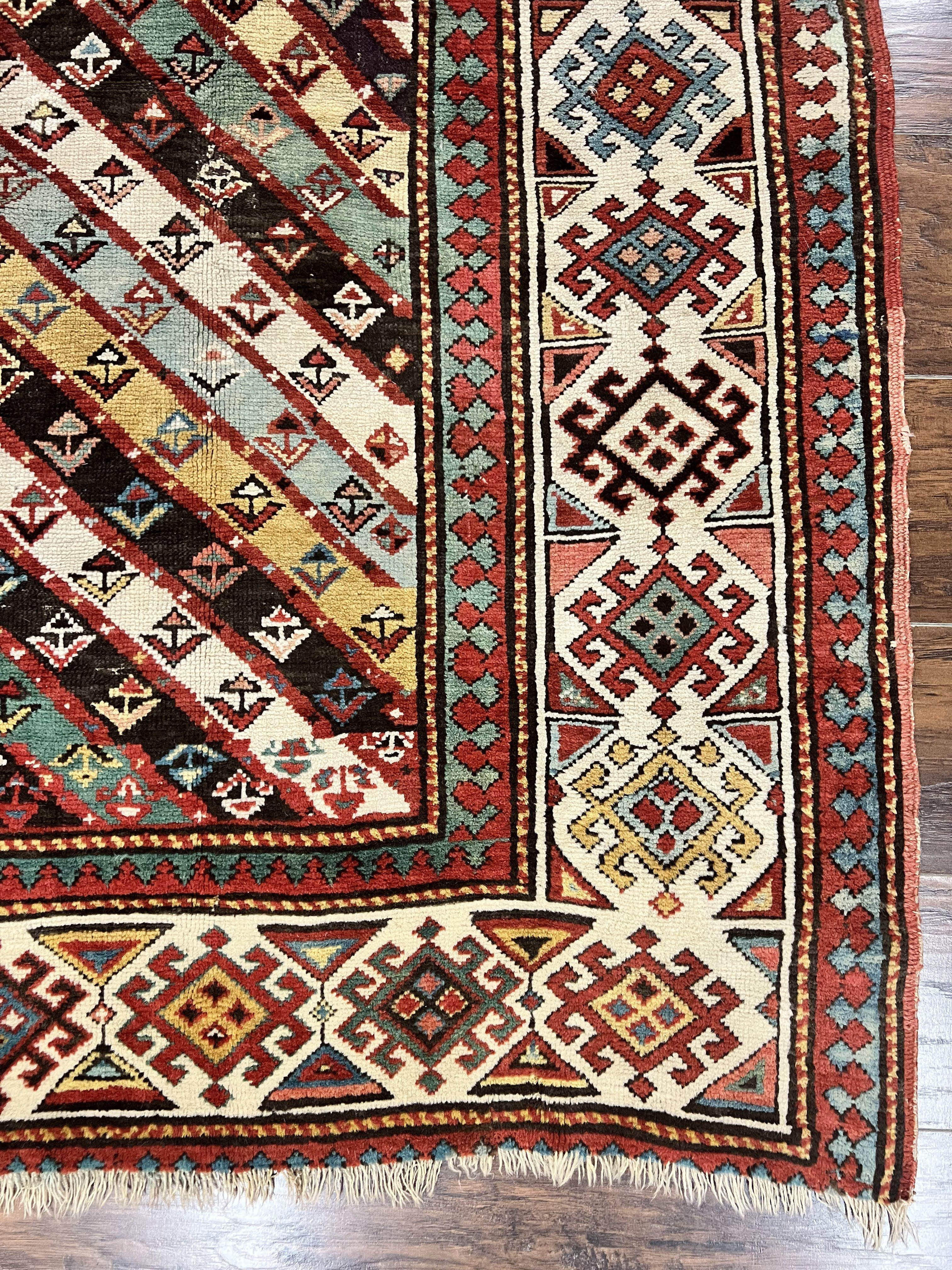 Caucasian Kazak Runner Rug 3.6 x 8, Wool Hand Knotted Antique 1880s Carpet, Ivory & Multicolor Stripes Oriental Runner Rug, Hallway Rug