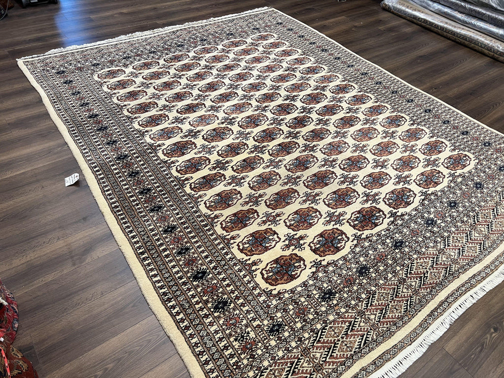 Pakistani Bokhara Rug 8x10, Wool Turkoman Carpet, Ivory/Cream