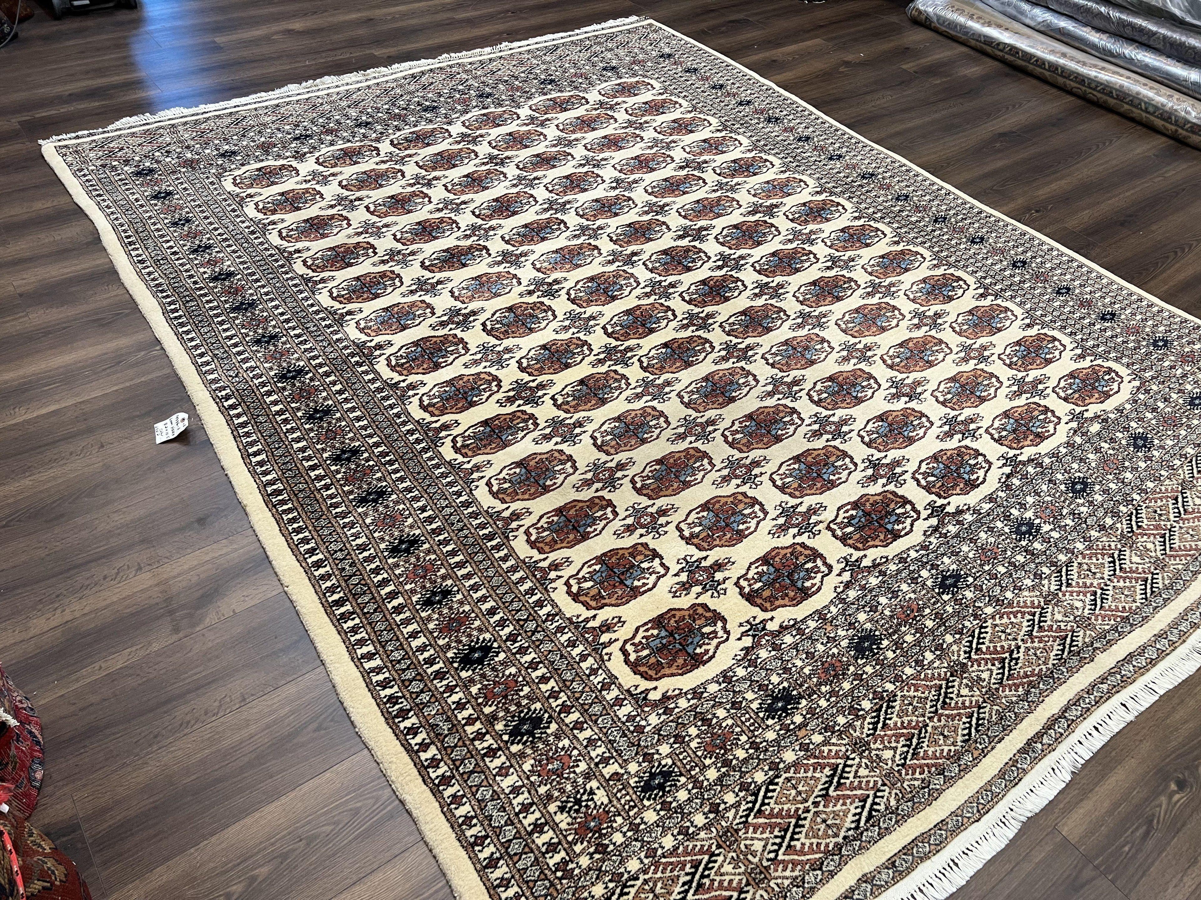 Pakistani Bokhara Rug 8x10, Wool Turkoman Carpet, Ivory/Cream