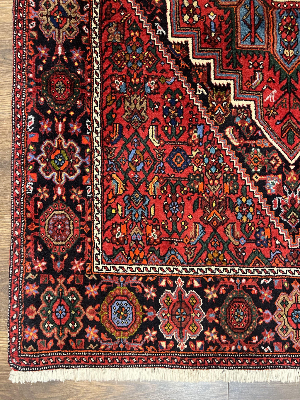 Fine Persian Bidjar Rug 3x5 ft, Ruby Red and Black, Geometric Medallion, Hand Knotted Semi Antique Oriental Bijar Carpet, Wool Area Rug, Tribal Rug