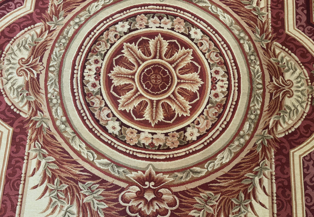 Large Aubusson Rug 10x13, Thick Flatweave Carpet, Elegant European Design, Cream and Raspberry