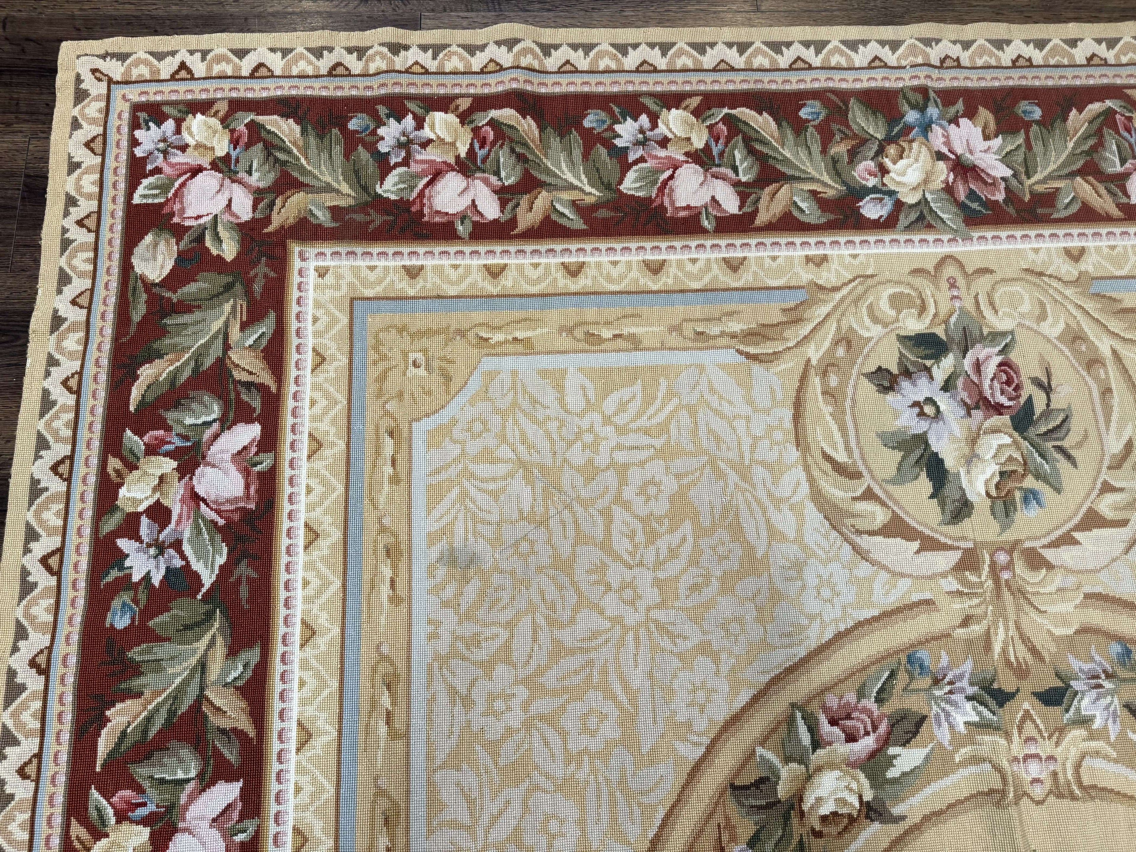 Needlepoint Rug 8x10, Aubusson Savonnerie European Carpet, Floral, Elegant