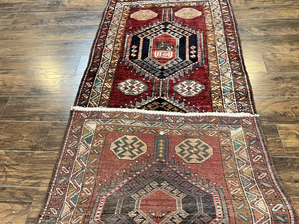 Persian Heriz Runner Rug 3.8 x 8.6, Geometric Design, Large Triple Medallions, Hand Knotted Handmade Vintage Wool Hallway Rug, Red