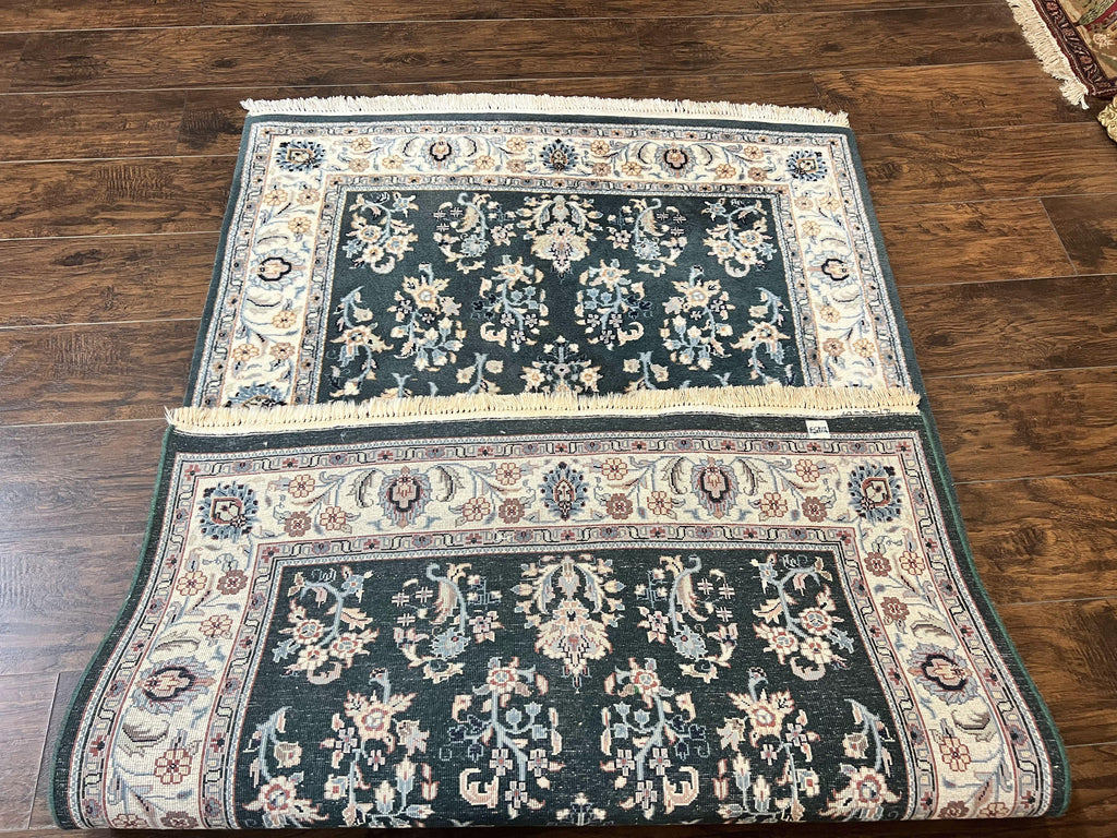 Green Indo Persian Rug 4x6, Floral Allover, Handmade Vintage Oriental Carpet, Sarouk Rug, Wool
