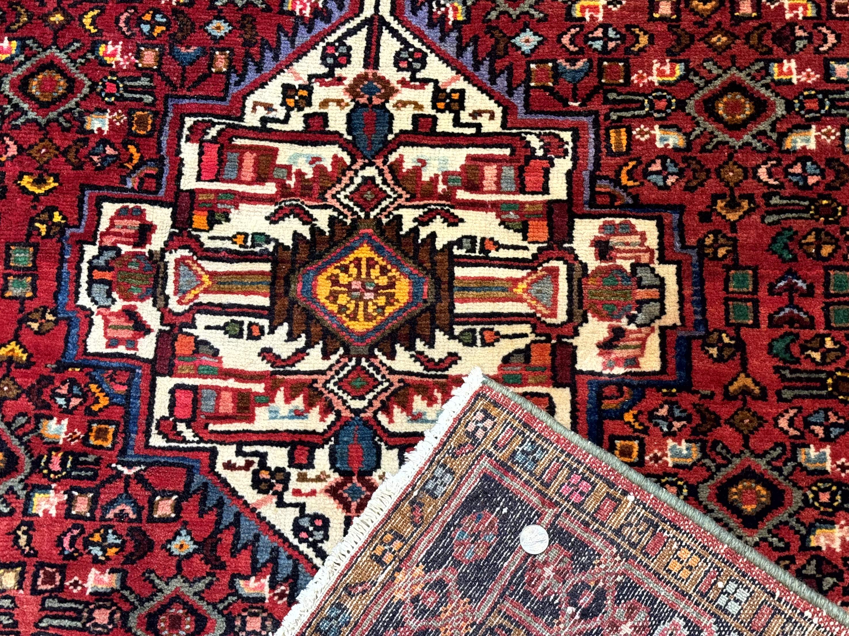 Persian Hamadan Rug 4x7, Tribal Village Malayer Carpet, Red and Ivory, Bohemian Antique