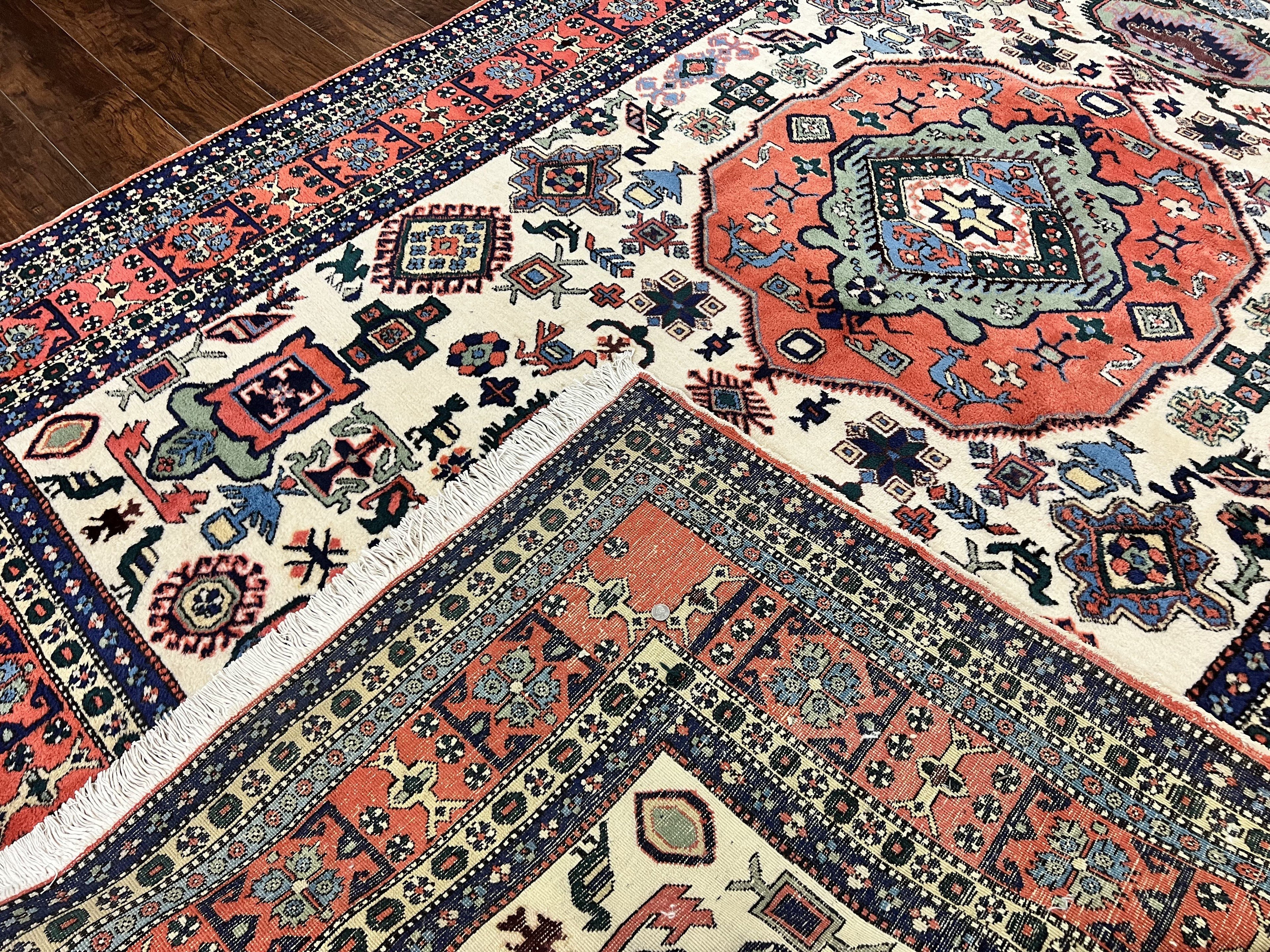 Persian Tribal Rug 8x11, Persian Ardabil Rug, Geometric Medallion Animal Pictorial Rug, Ivory Red Blue, Hand Knotted Vintage Wool Carpet