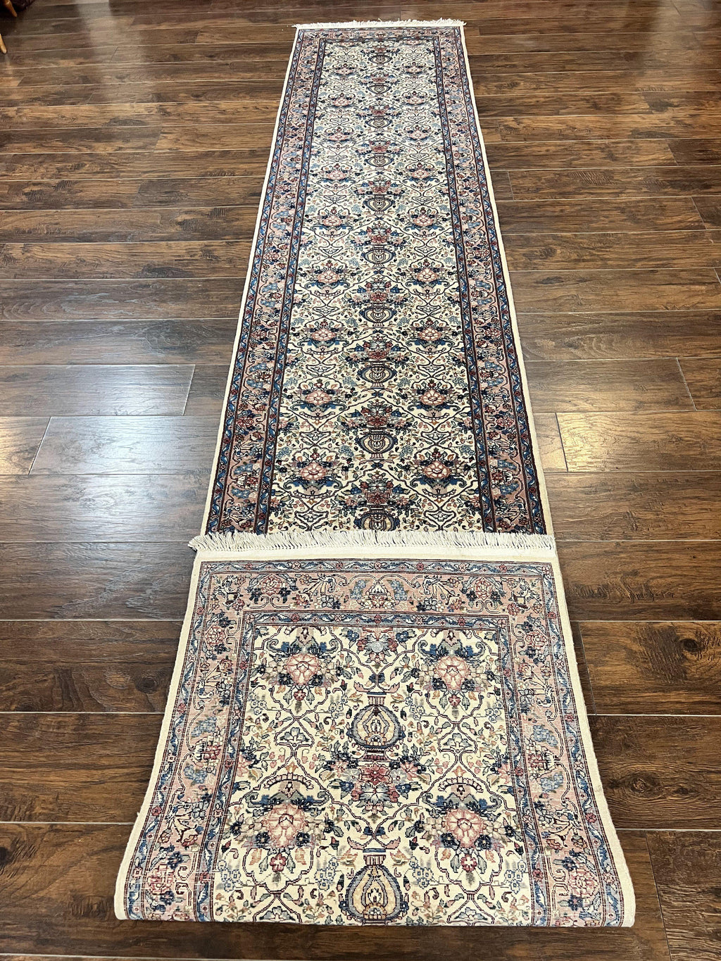 Sino Persian Runner Rug 2.8 x 14, Hand Knotted Vintage Oriental Hallway Rug, 14ft Runner, Cream, Floral, Wool