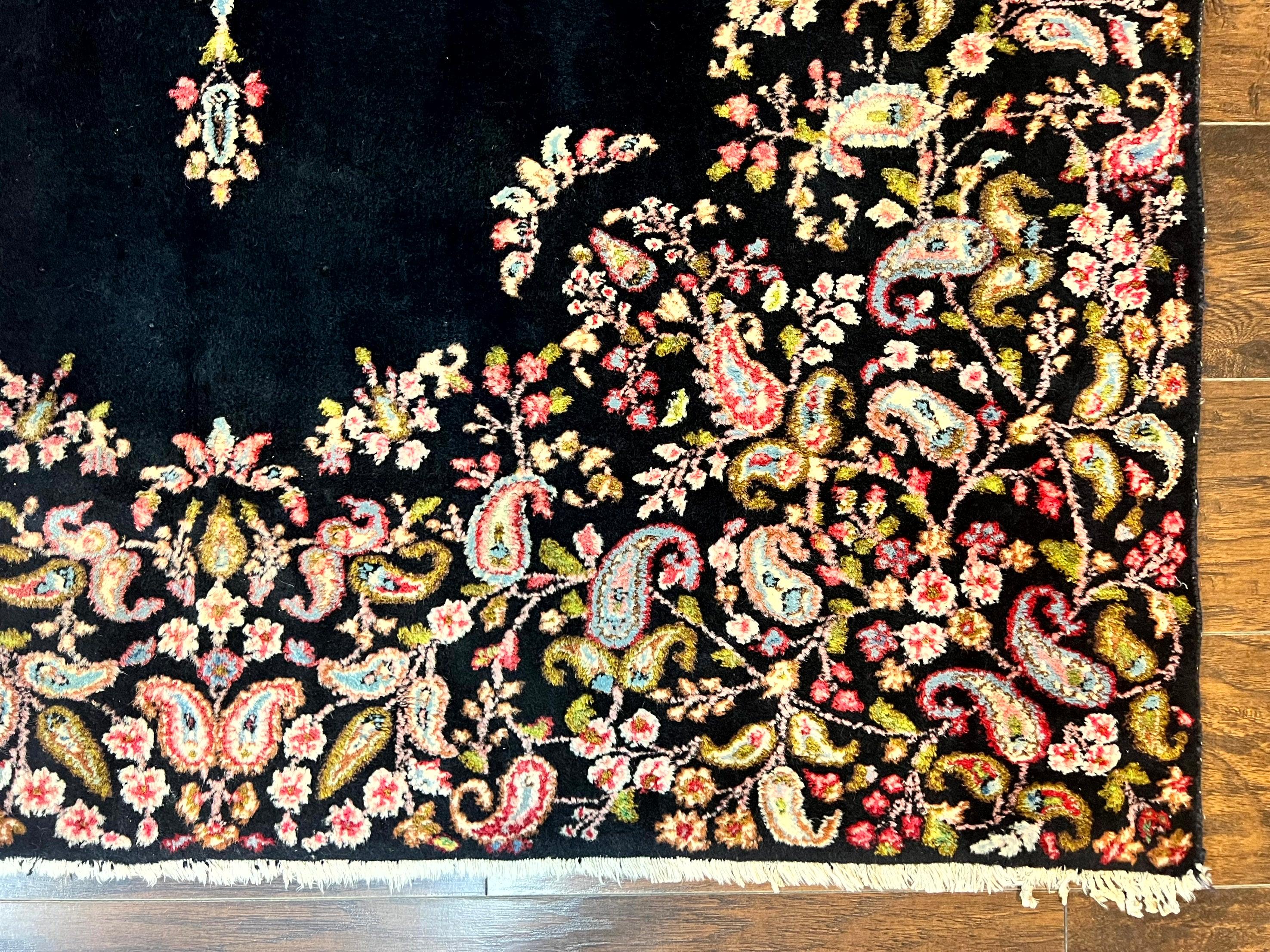 Antique Persian Kirman Rug 5x8, Floral Kirman, Midnight Blue/Black, Semi Open Field, Handmade Vintage Wool Carpet