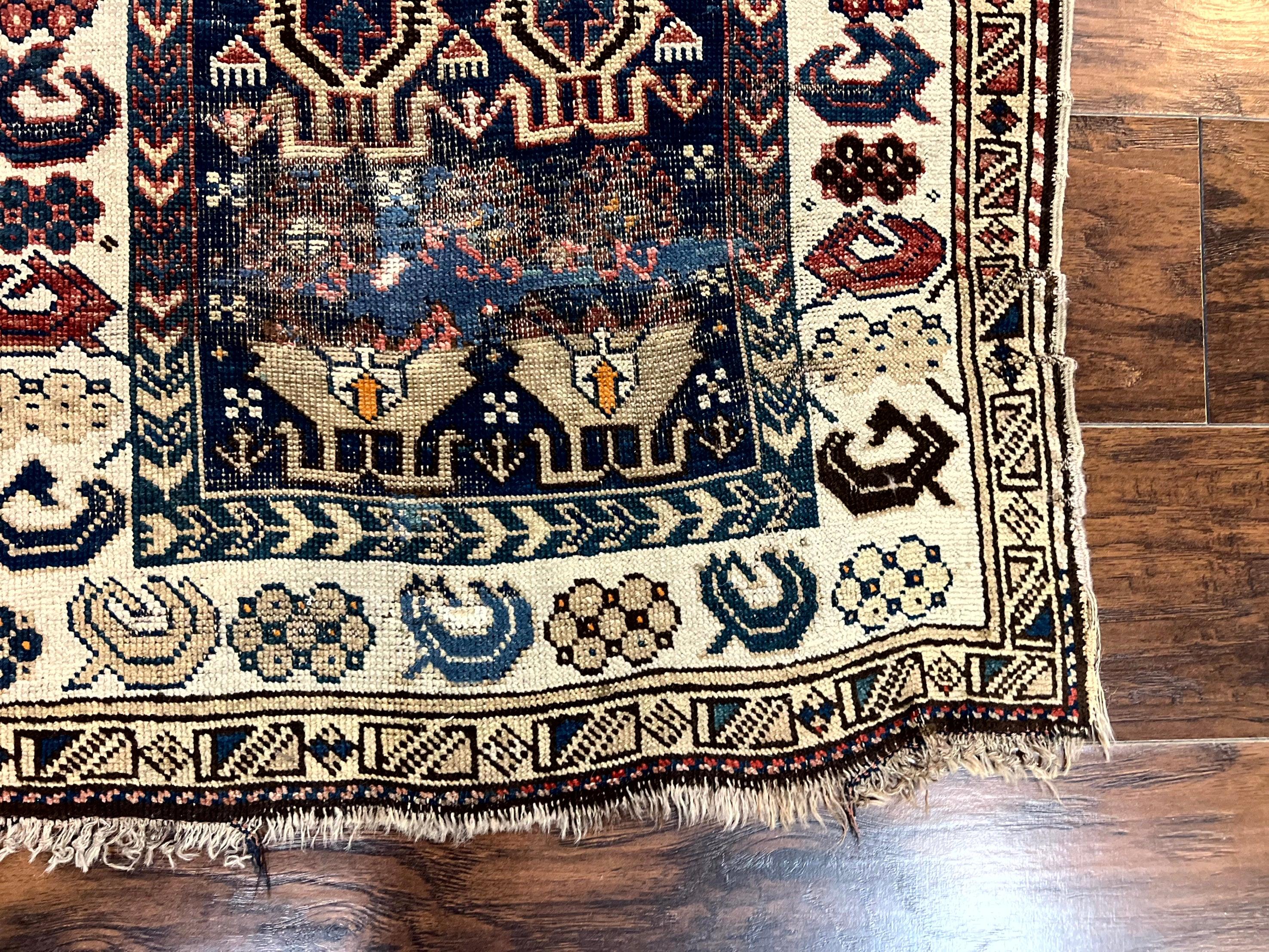 Antique Caucasian Kazak Rug 2.5 x 4, Navy Blue and Ivory, Hand Knotted Handmade Wool Rug