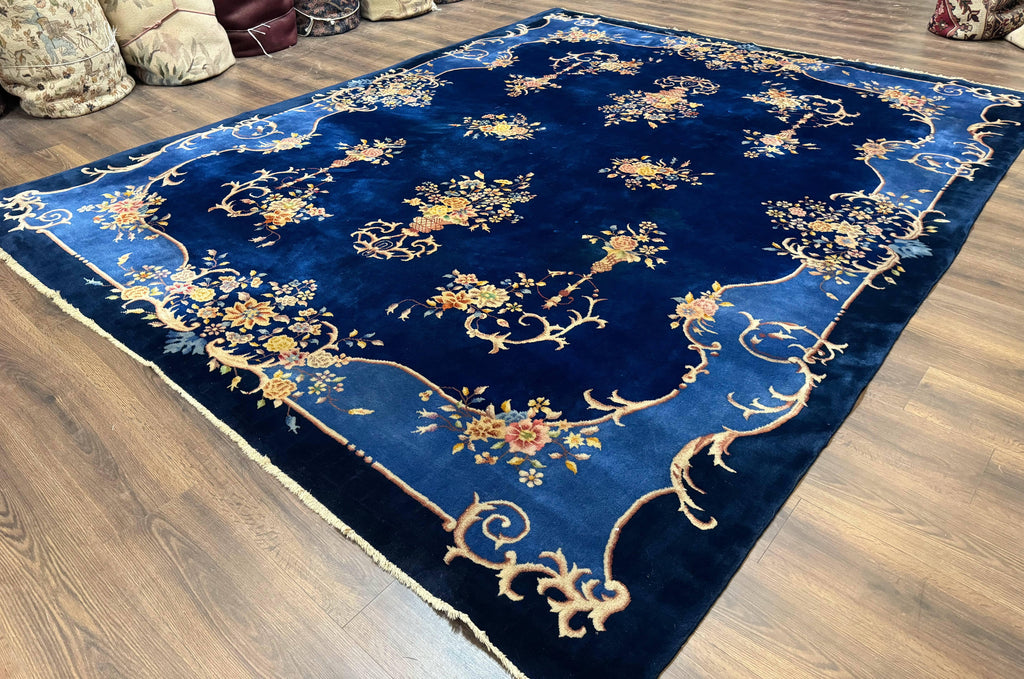 Blue Chinese Art Deco Rug 9x12, Vintage Antique Chinese Wool Rug, Chinese Fette Rug