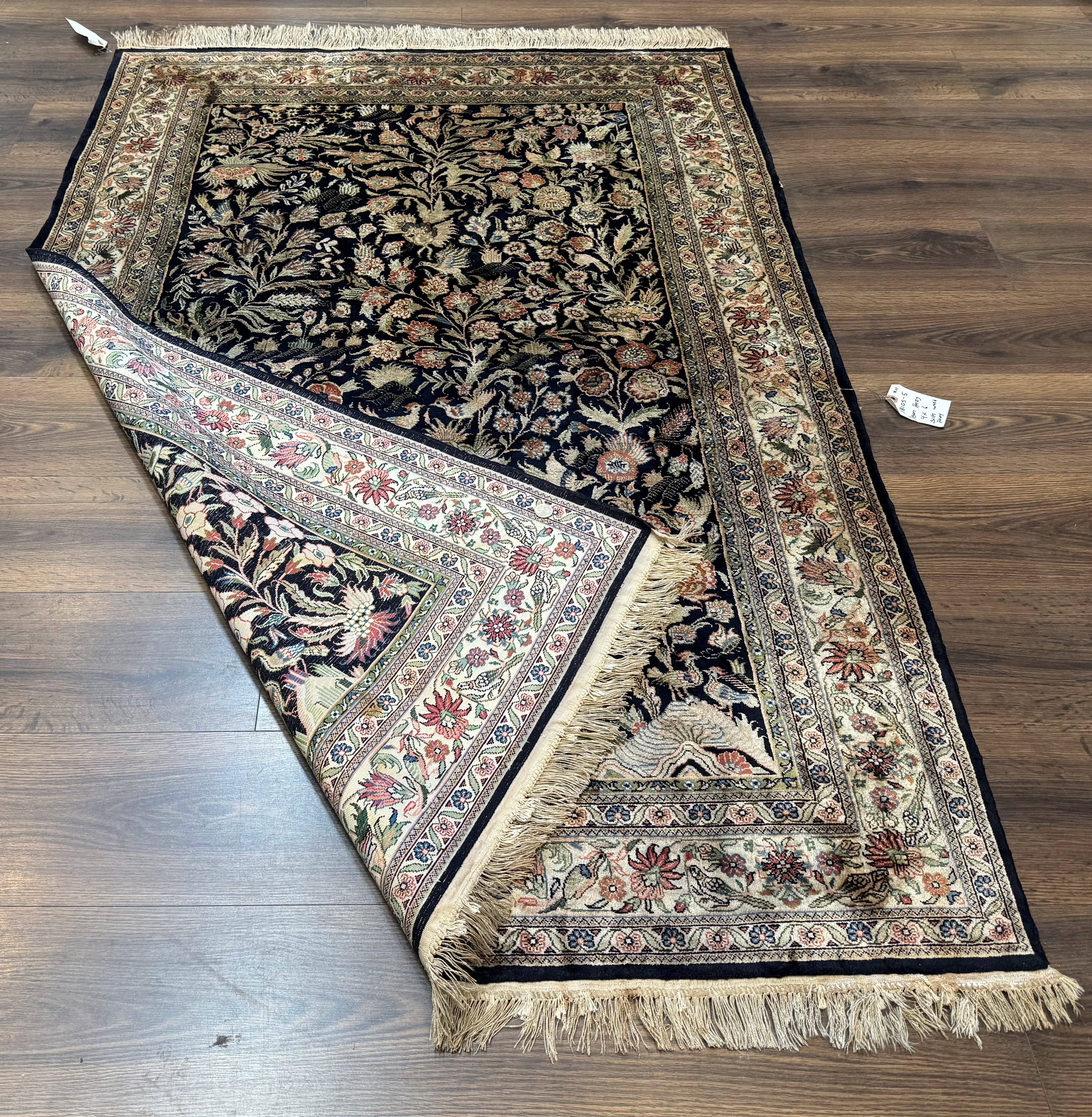 Silk Rug 4x6, Black and Cream, Floral & Bird Pictorials, Fine 330 KPSI, Sino Persian Rug