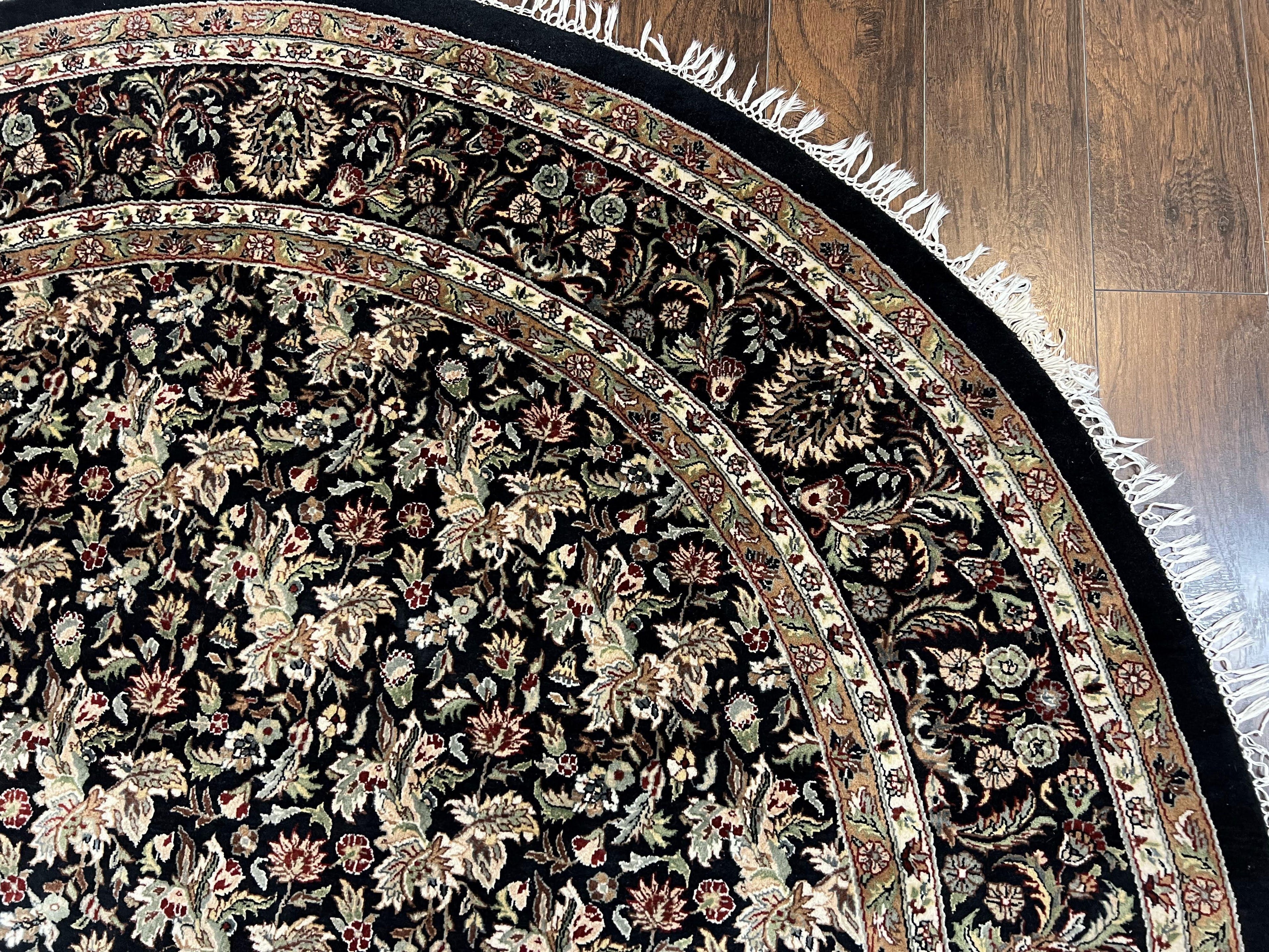 Round Oriental Rug 8x8 ft, William Morris Floral Pattern Carpet, 8 x 8 ft Round Rug, Black Cream and Tan 8ft Round Handmade Indo Persian Rug