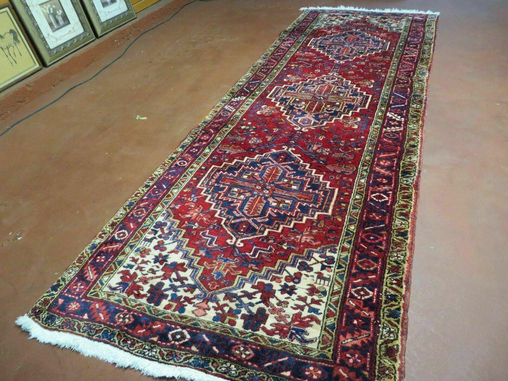 Persian Runner Rug, Heriz Runner Rug, Geometric Medallions, Red Cream Navy Blue Wool Hallway Rug 3.9 x 10.8 Antique Oriental Runner Handmade
