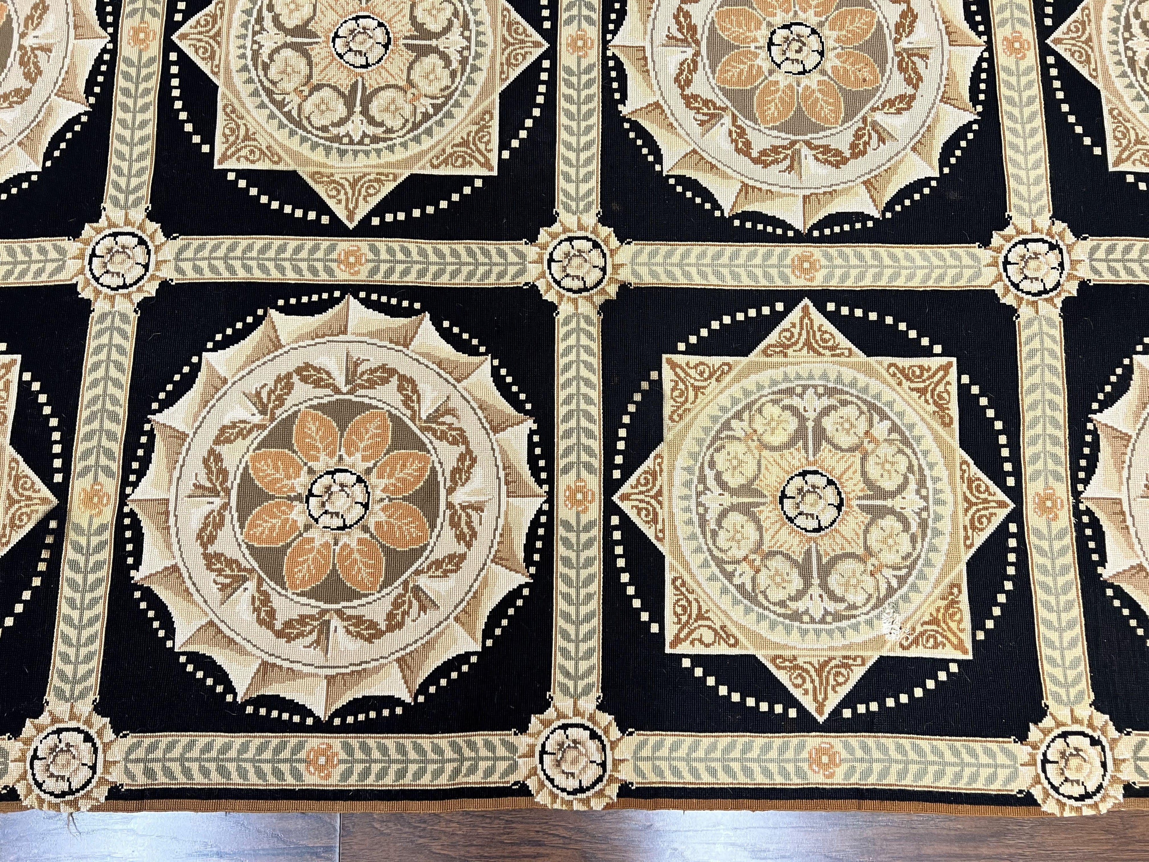 Needlepoint Rug 8x10, Black Tan Beige, Panel Design, Wool Handwoven Handmade Flatweave Needlepoint Carpet, Vintage French European Rug
