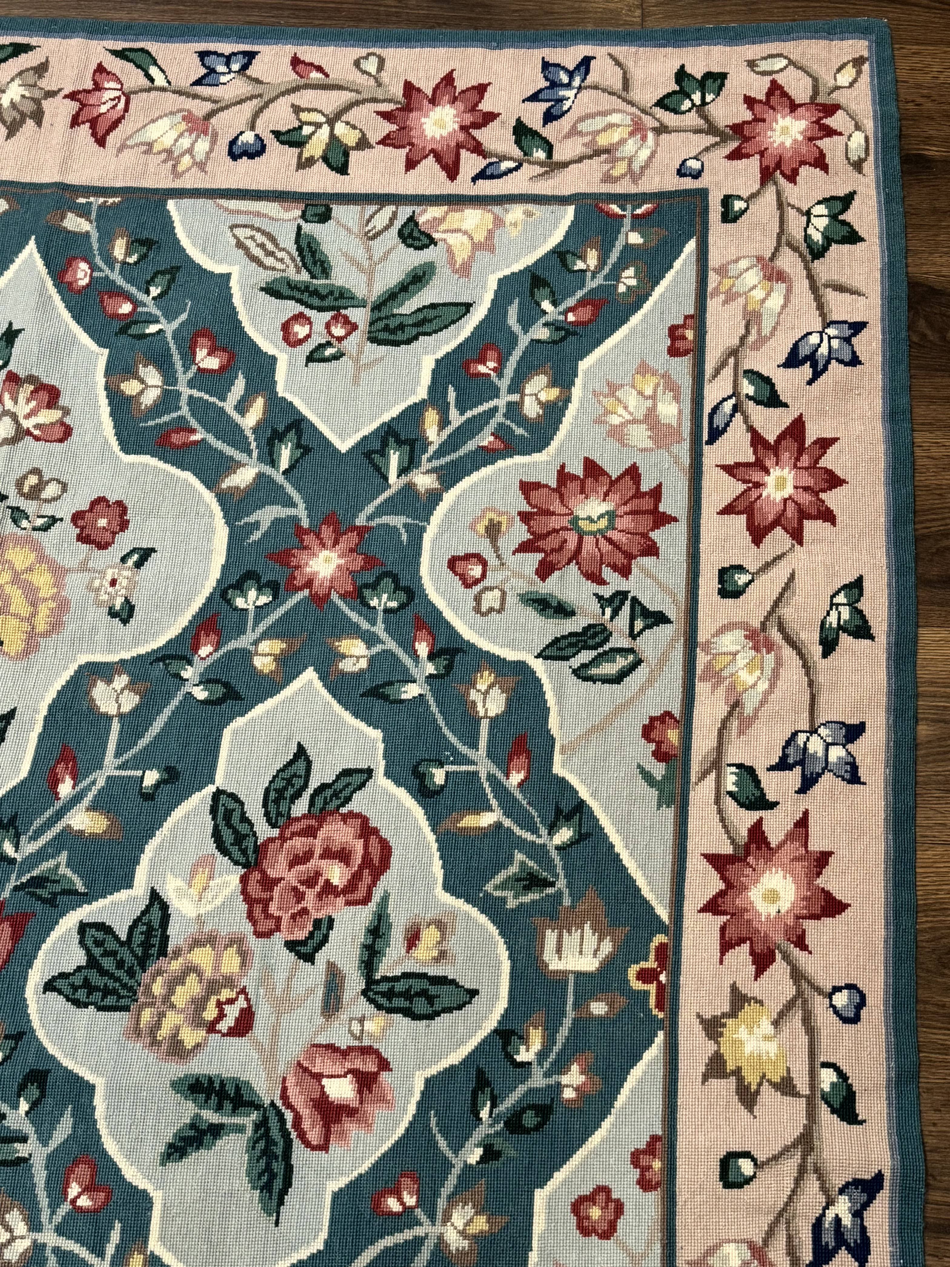 Teal Needlepoint Rug 6x9, Panel Design, Floral Bouquets, Handmade