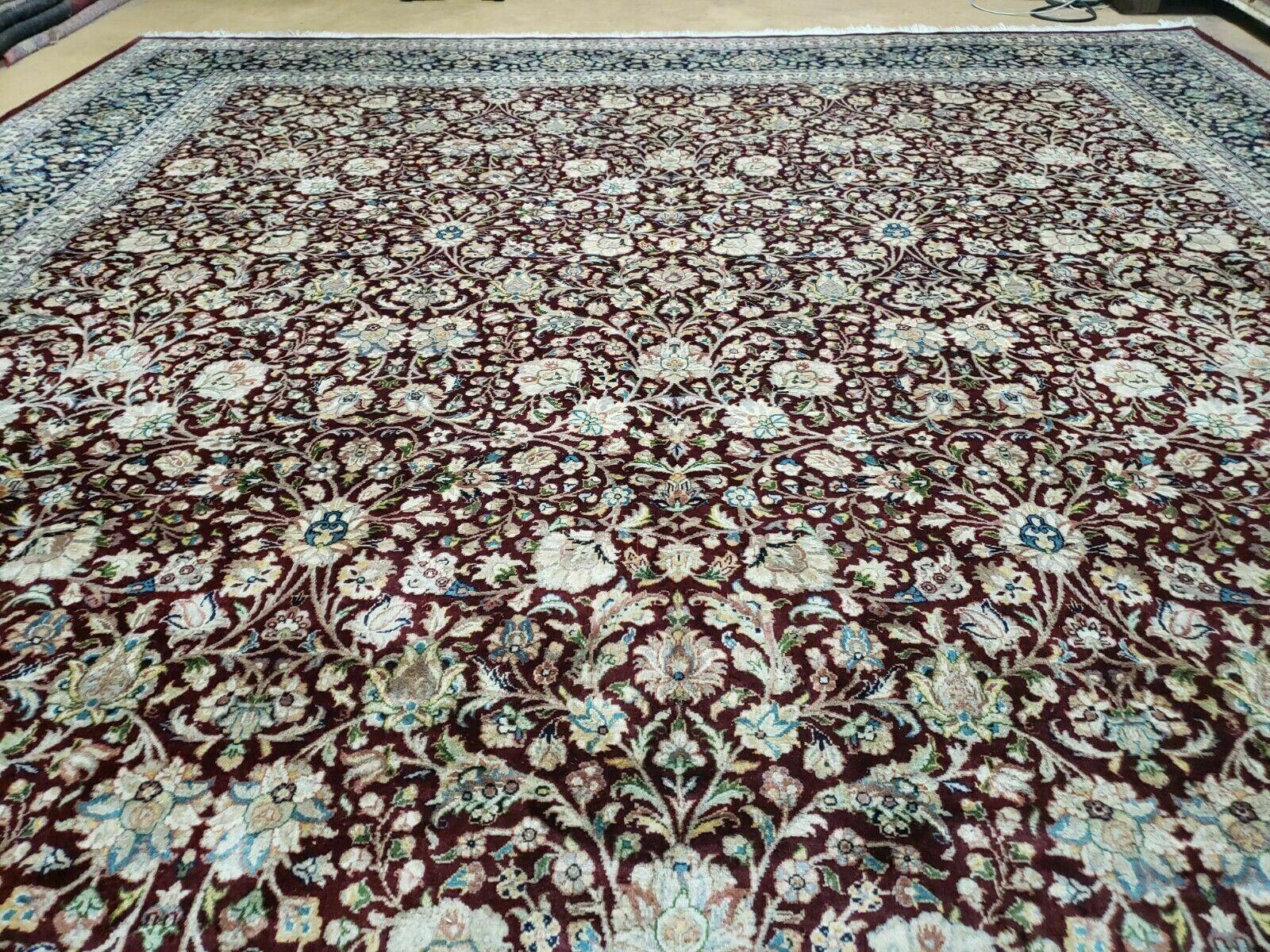 Persian Rug 9x12, Floral Allover, Very Fine, Handmade, Room Sized Oriental Carpet, Sino Persian, Maroon and Navy Blue