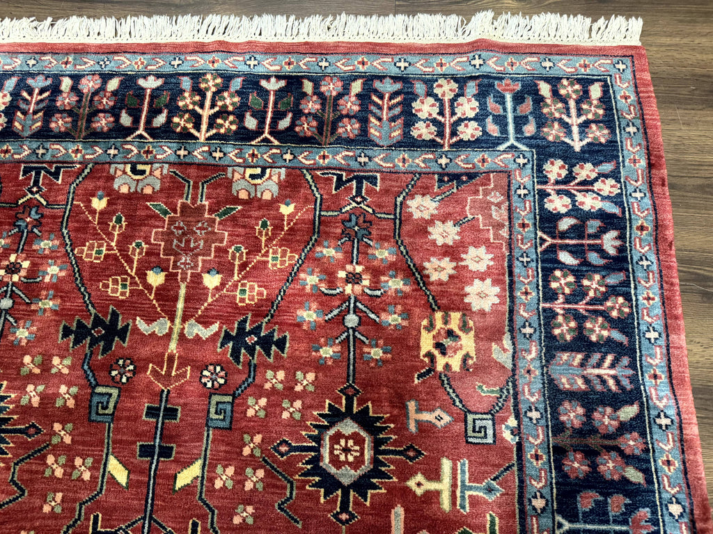 Indo Persian Heriz Serapi Rug 6x8, Rust Red and Navy Blue, Allover Pattern