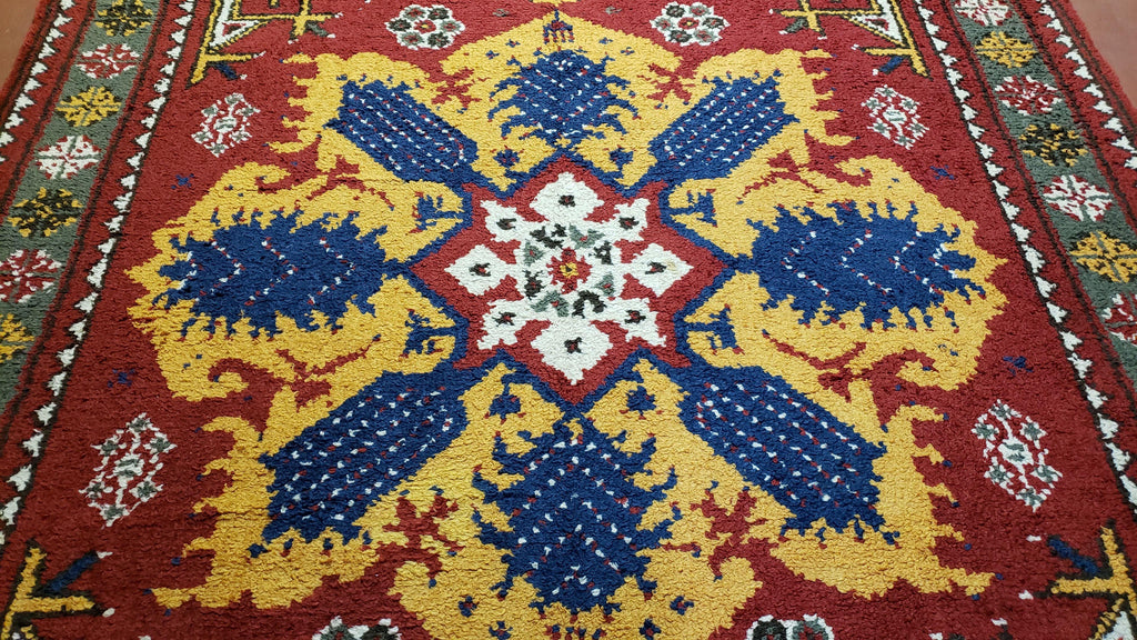 Colorful Moroccan Heriz Rug 6x9, Large Central Medallion, Red Yellow Blue