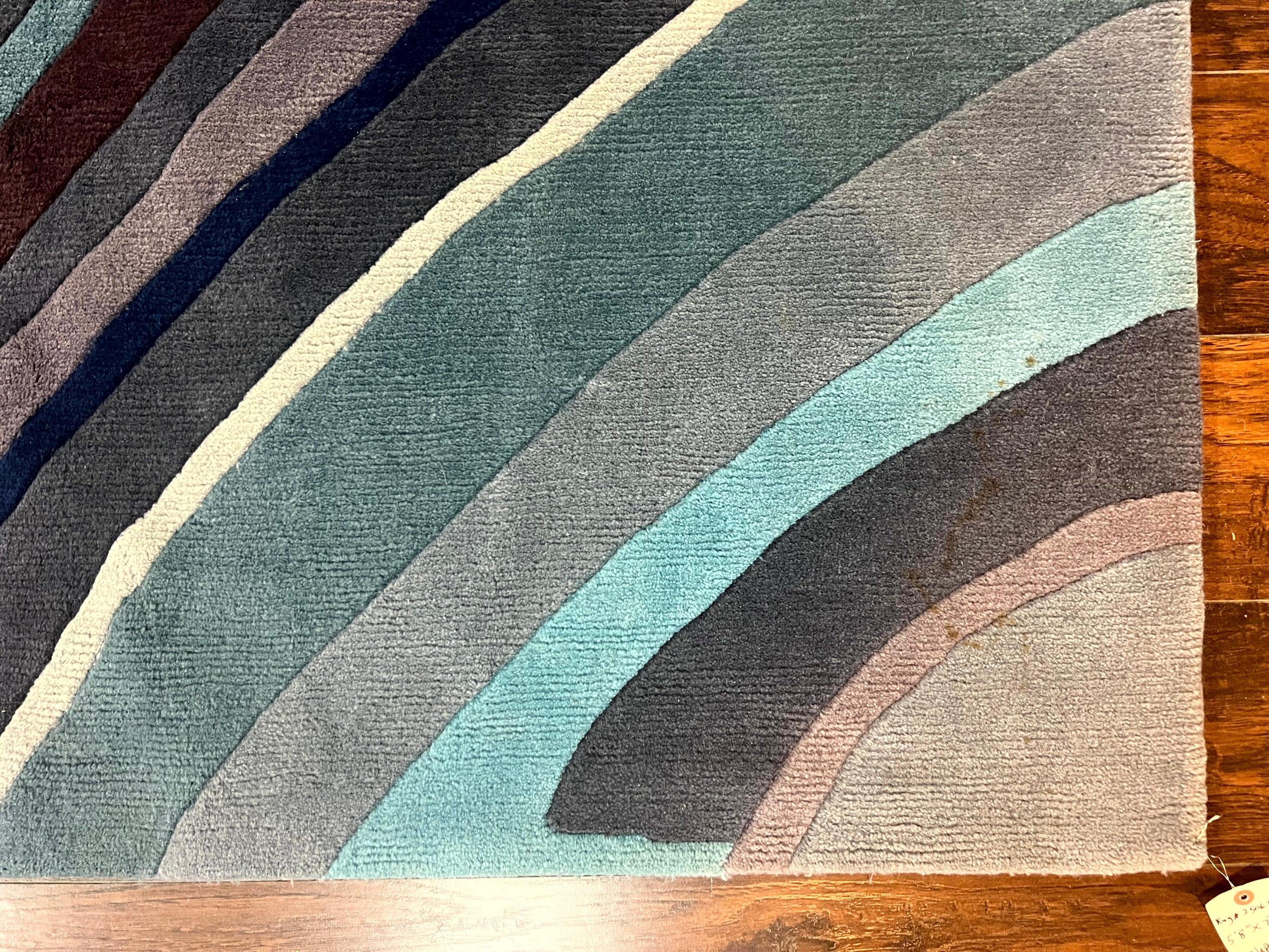 Modern Nepali Handmade Wool Rug 6x8, Blues Gray Mauve, Abstract, Nepali Tibetan Rug