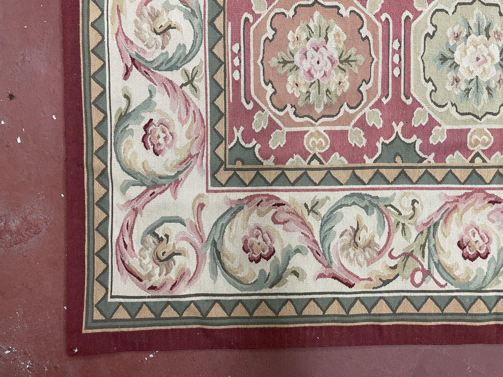Square Aubusson Rug 9x9, Panel Design, European French English Carpet, Wool
