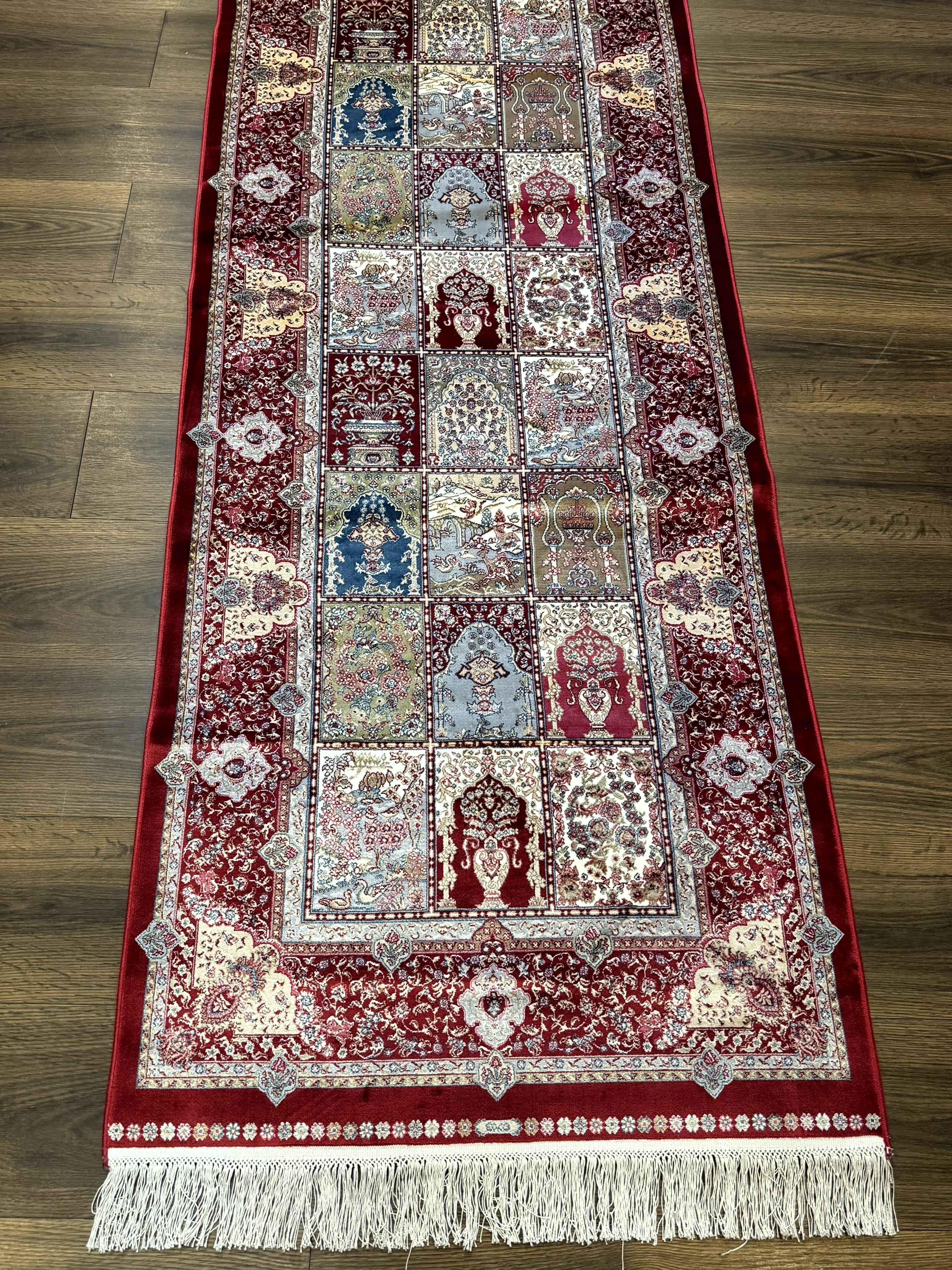 Turkish Silk Runner Rug 2.6 x 11.6, Panel Design, Dark Red Ivory, Bamboo Silk, New