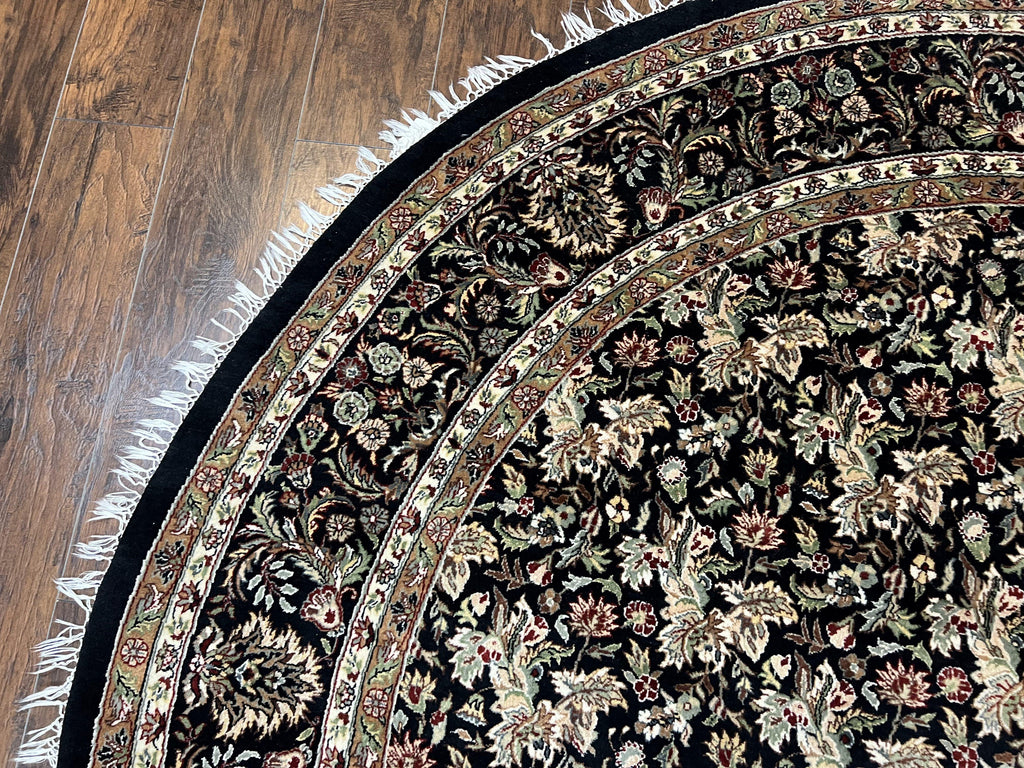 Round Oriental Rug 8x8 ft, William Morris Floral Pattern Carpet, 8 x 8 ft Round Rug, Black Cream and Tan 8ft Round Handmade Indo Persian Rug