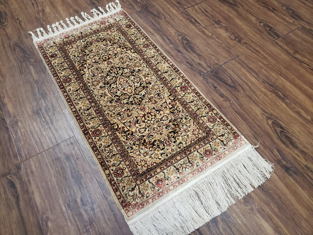 Silk Oriental Rug 1' 7" x 3', Very Fine Silk Carpet, Small Silk Rug, Traditional Floral Medallion, Hand-Knotted Cream Beige Vintage Silk Rug