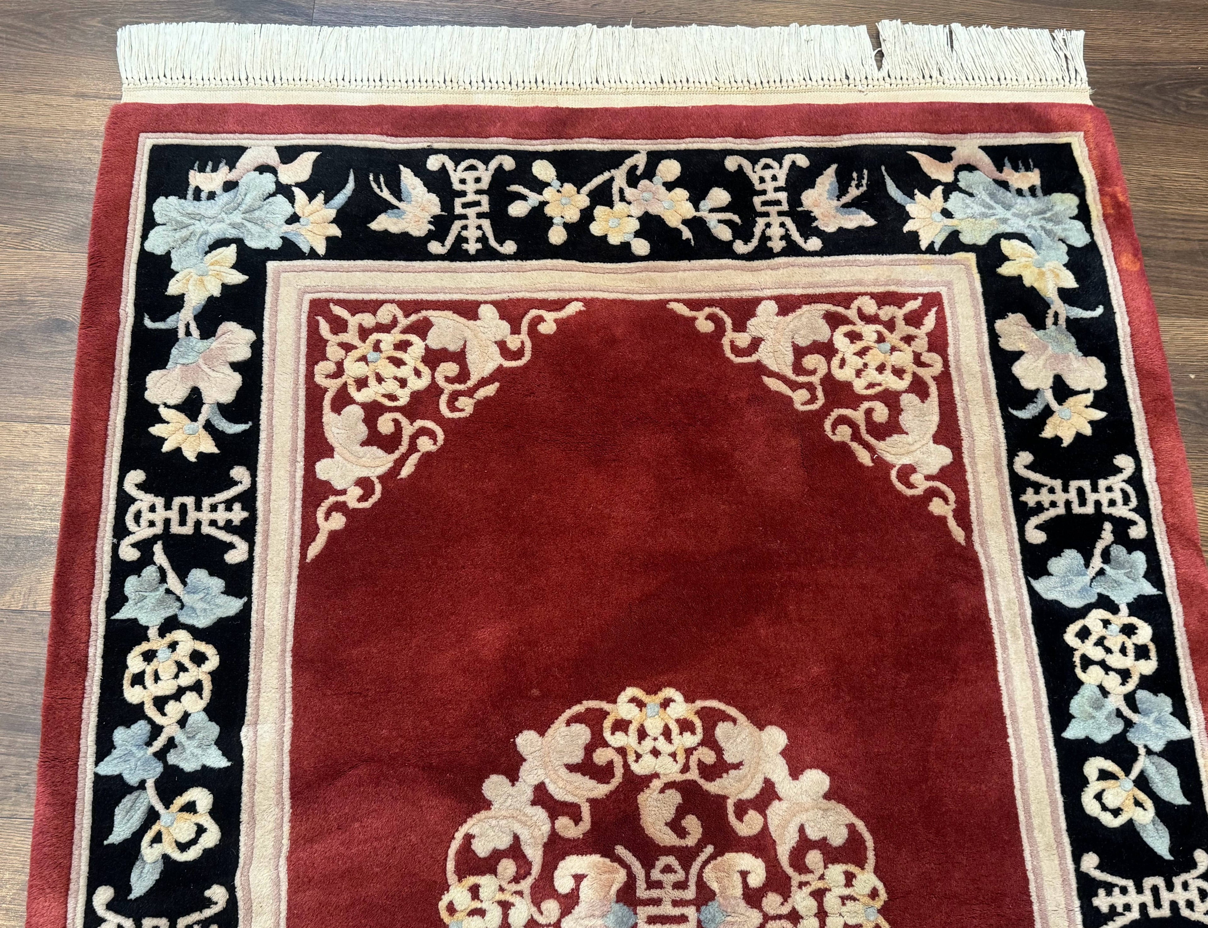 Dark Red Chinese Wool Rug 4x6, Chinese 90 Line Rug, Carving Rug, Handmade, Pair B