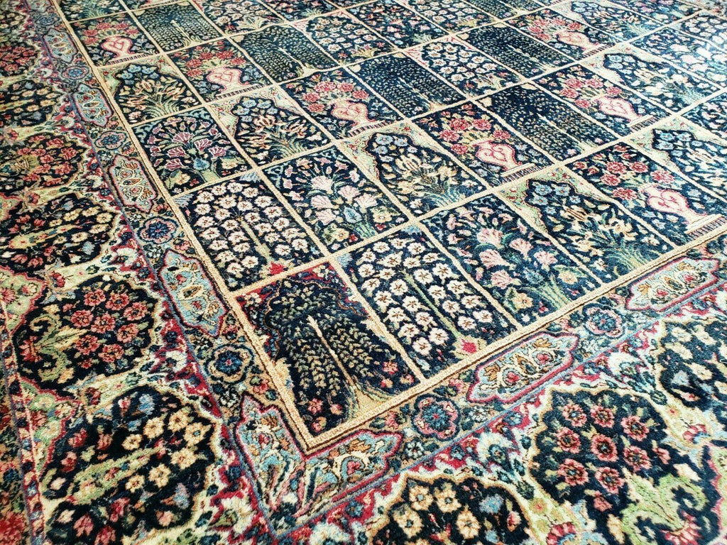 Persian Rug 10x15, Authentic Oriental Carpet 10 x 15, Wool Area Rug Panel Design Hand-Knotted Vintage Kirman Yazd Rug, Dark Blue and Beige,  Floral