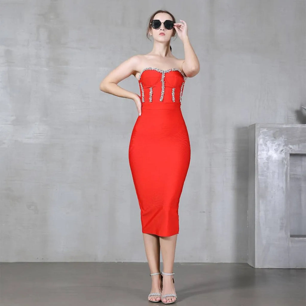 Elegant Beading Party Midi Dress