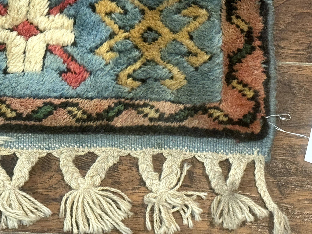 Turkish Kazak Runner Rug 3x11, Cream and Light Blue, Vintage