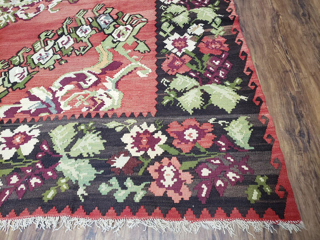 Karabakh Rug 8x11, Caucasian Kilim Rug, Vintage Antique Turkish Anatolian Azerbaijani Carpet, Wool Red & Black Hand-Woven 8 x 11 Living Room