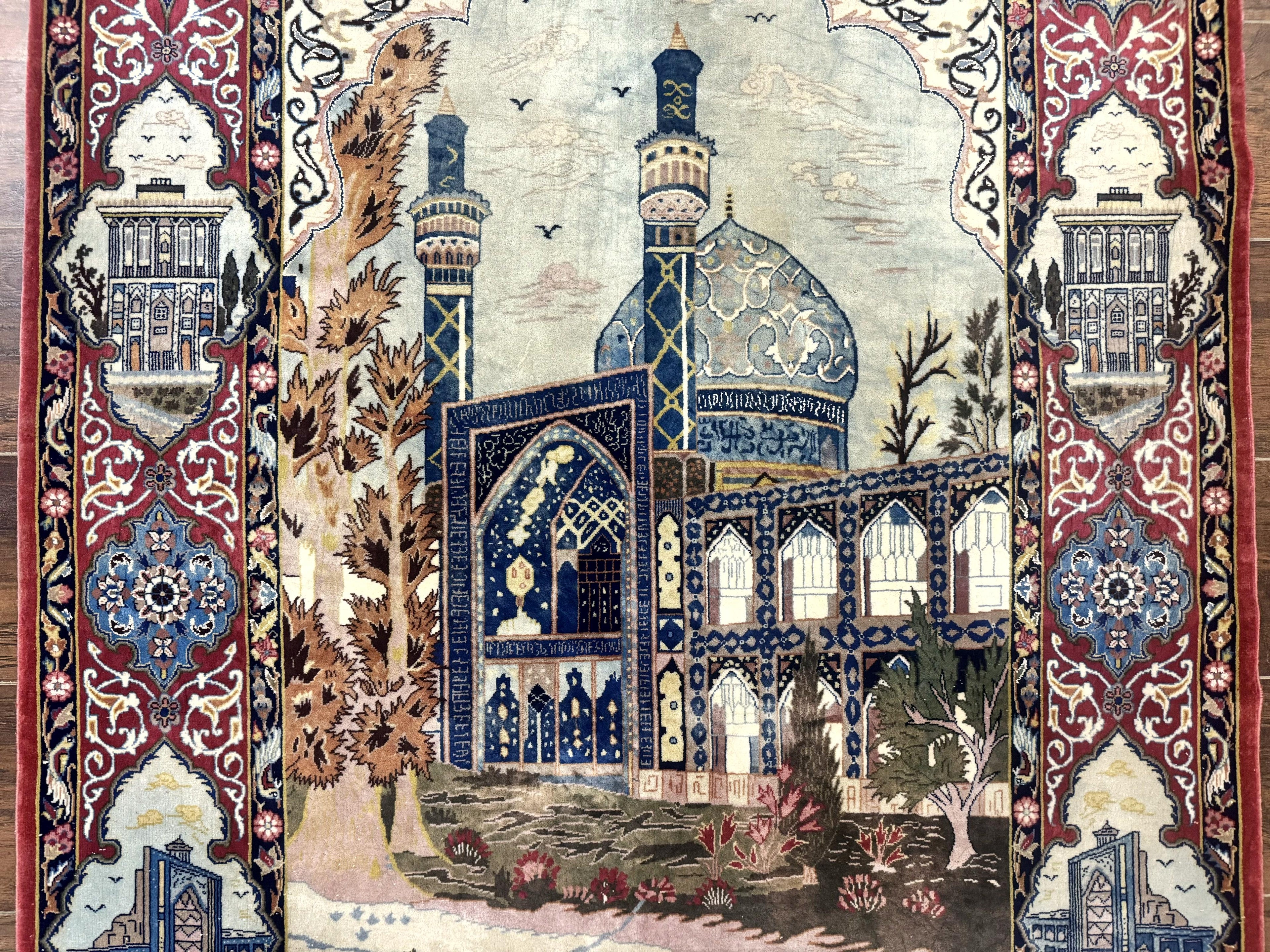 Persian Isfahan Pictorial Rug 3.6 x 5.7, Very Fine 400 KPSI, Historical Buildings, Signed By Masterweaver, Handmade