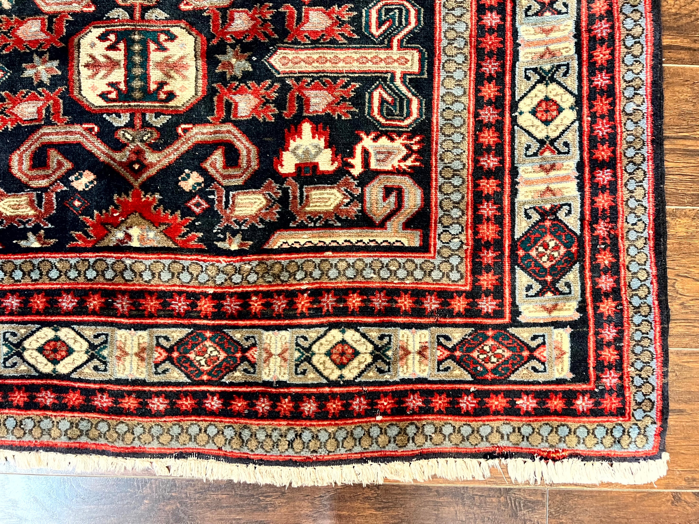 Persian Wide Runner Rug 4.8 x 10, Persian Kalegi Ardabil Rug, Perpedil Caucasian Rug, Antique Handmade Wool Carpet, Navy Blue Red, Tribal Rug