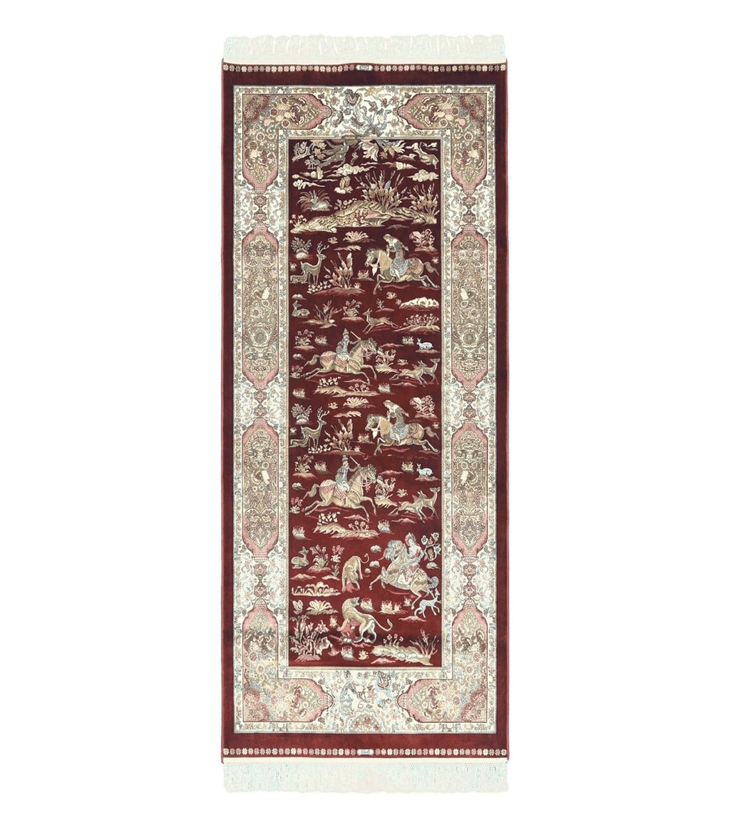 Turkish Silk Rug 2.6 x 6.7, Hunting Design, Short Runner Rug, Red & Ivory, Bamboo Silk, New