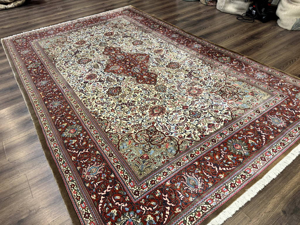 Persian Qum Rug 7x11, Beige and Red, Highly Detailed Floral Pattern, Fine 260 KPSI