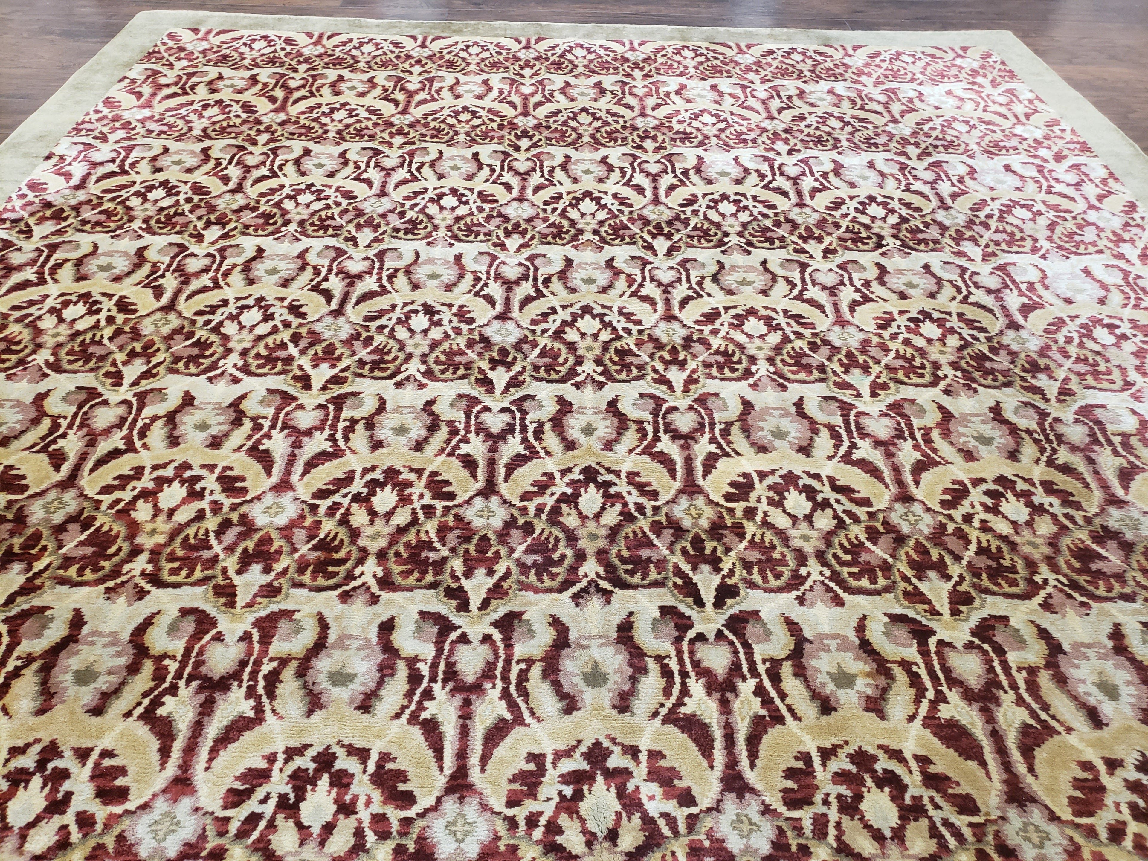 Contemporary Indian Nepalese Room Sized Rug 9 x 11.6, Wool Hand-Knotted Dark Red & Beige Soft Carpet, 9 x 12 Masterloom Living Room Rug