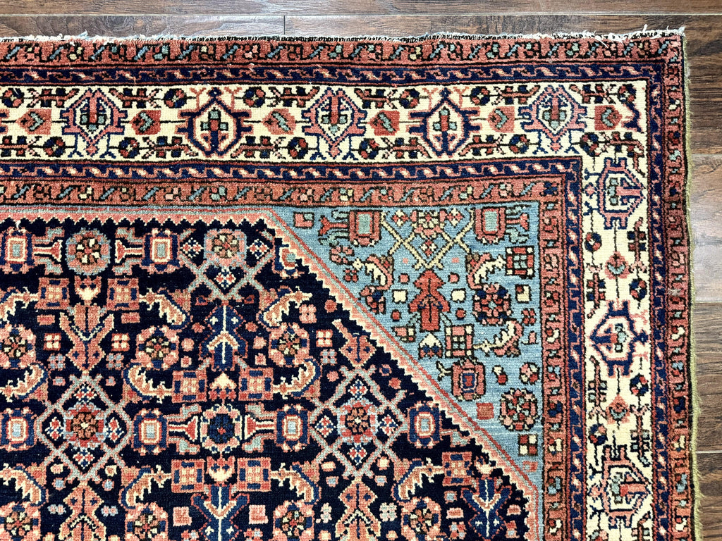 Antique Persian Rug 5 x 6.7, Navy Blue & Ivory, Handmade Persian Wool Carpet, Hamadan Angelas Rug