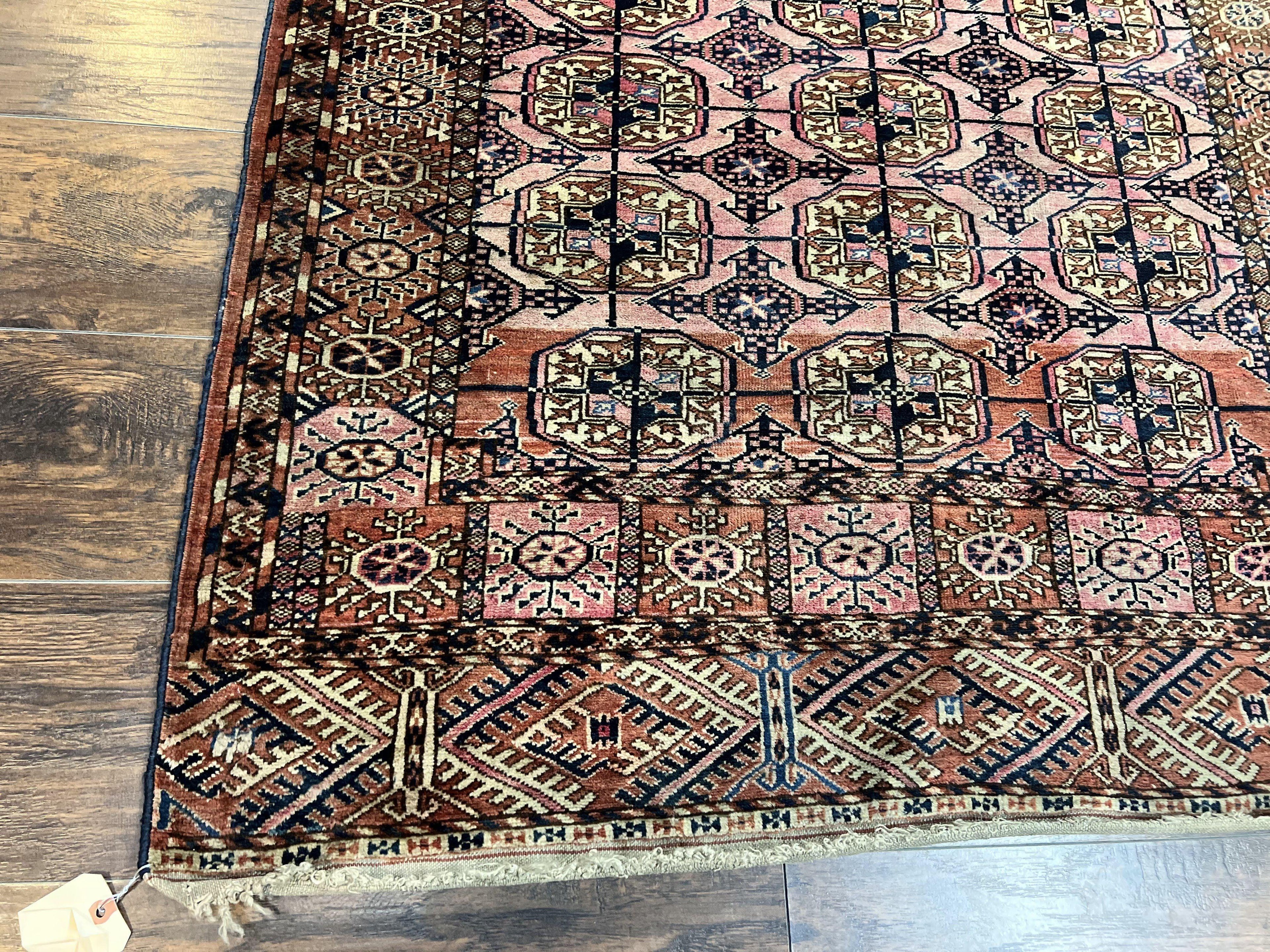 Persian Turkoman Rug 4x6, Wool Hand Knotted Antique Bokhara Carpet, Red Pink, Handmade Tribal Oriental Rug 4 x 6 ft