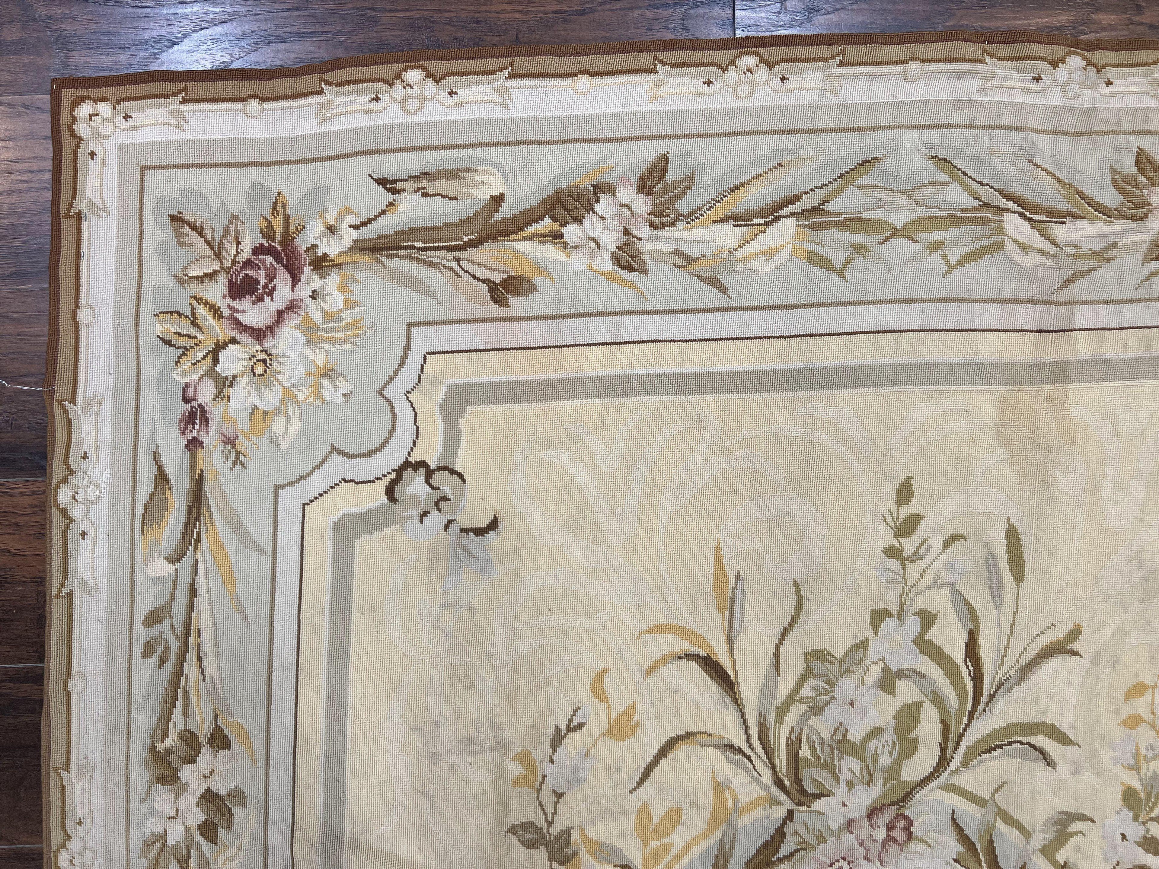 Needlepoint Rug 6x9, Elegant European Design Aubusson Carpet, Vintage Wool Handmade Rug, Light Yellow Ivory