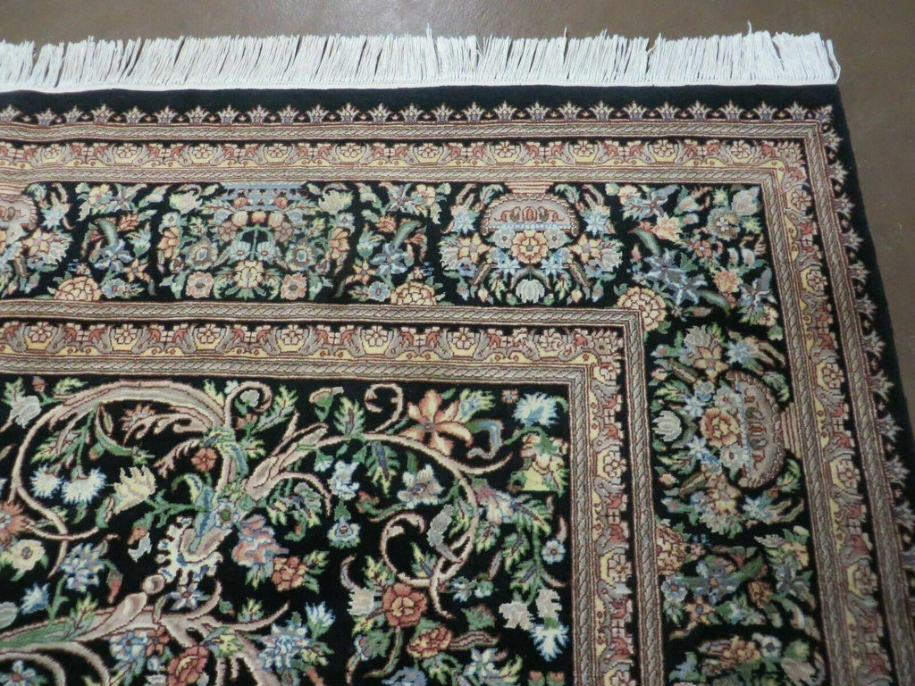 8' X 10' Vintage Handmade Pakistani Floral Wool Rug Black Nice