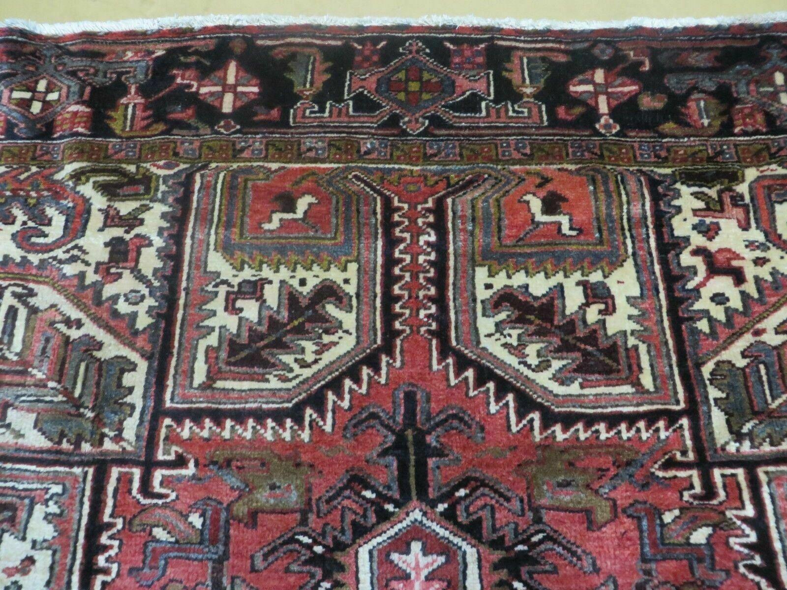 Persian Heriz Rug 8x12 Semi Antique Heriz Carpet, Room Sized Persian Carpet, Geometric Medallion, Wool, Hand Knotted, Red Ivory Dark Blue