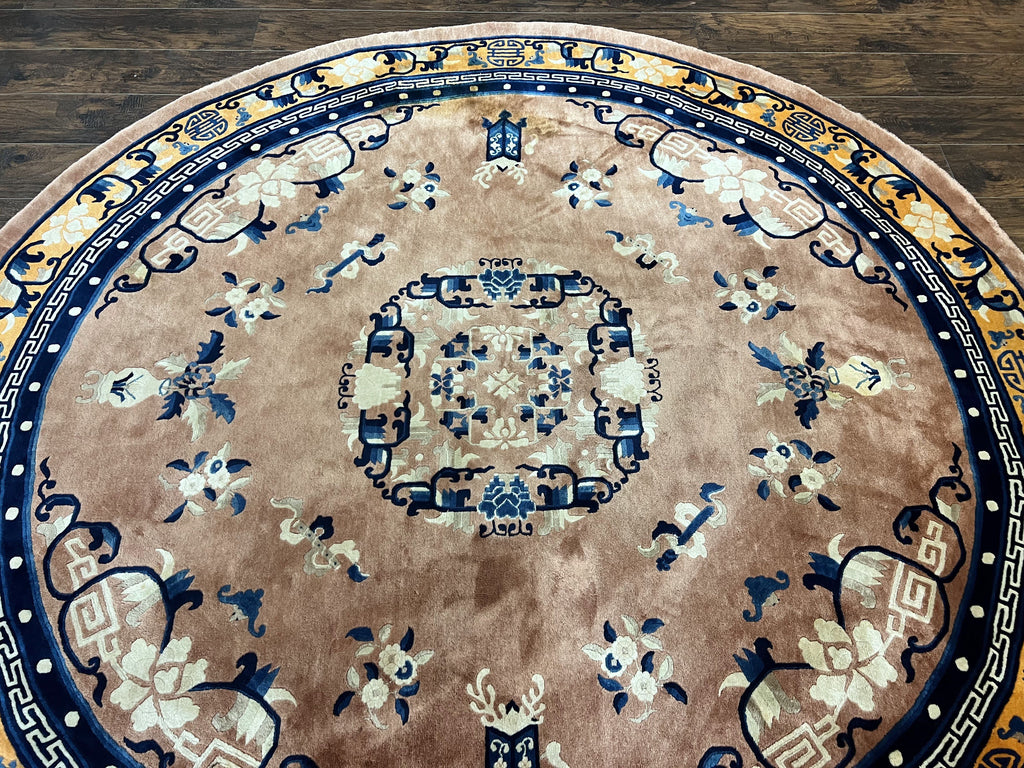 Antique Round Chinese Wool Rug 8x8, Chinese Peking Carpet, Asian Oriental Carpet 8 x 8 ft, Chinese Art Deco Rug, Nichols Rug