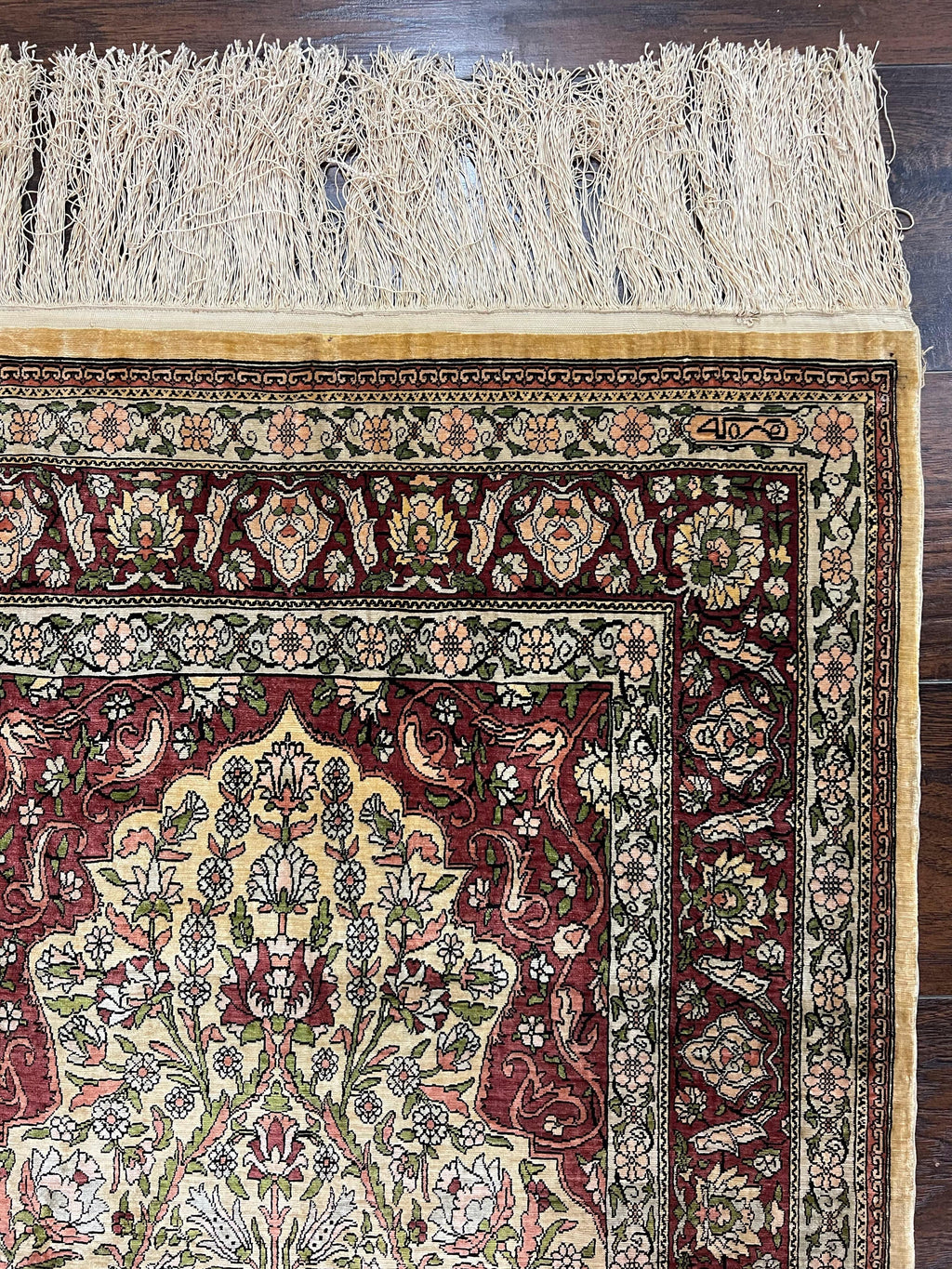 Wonderful Silk Turkish Hereke Prayer Rug 2.8 x 4.5, Tree of Life Design, Signature from Master Weaver, Gold and Burgundy, Handmade, 625 KPSI