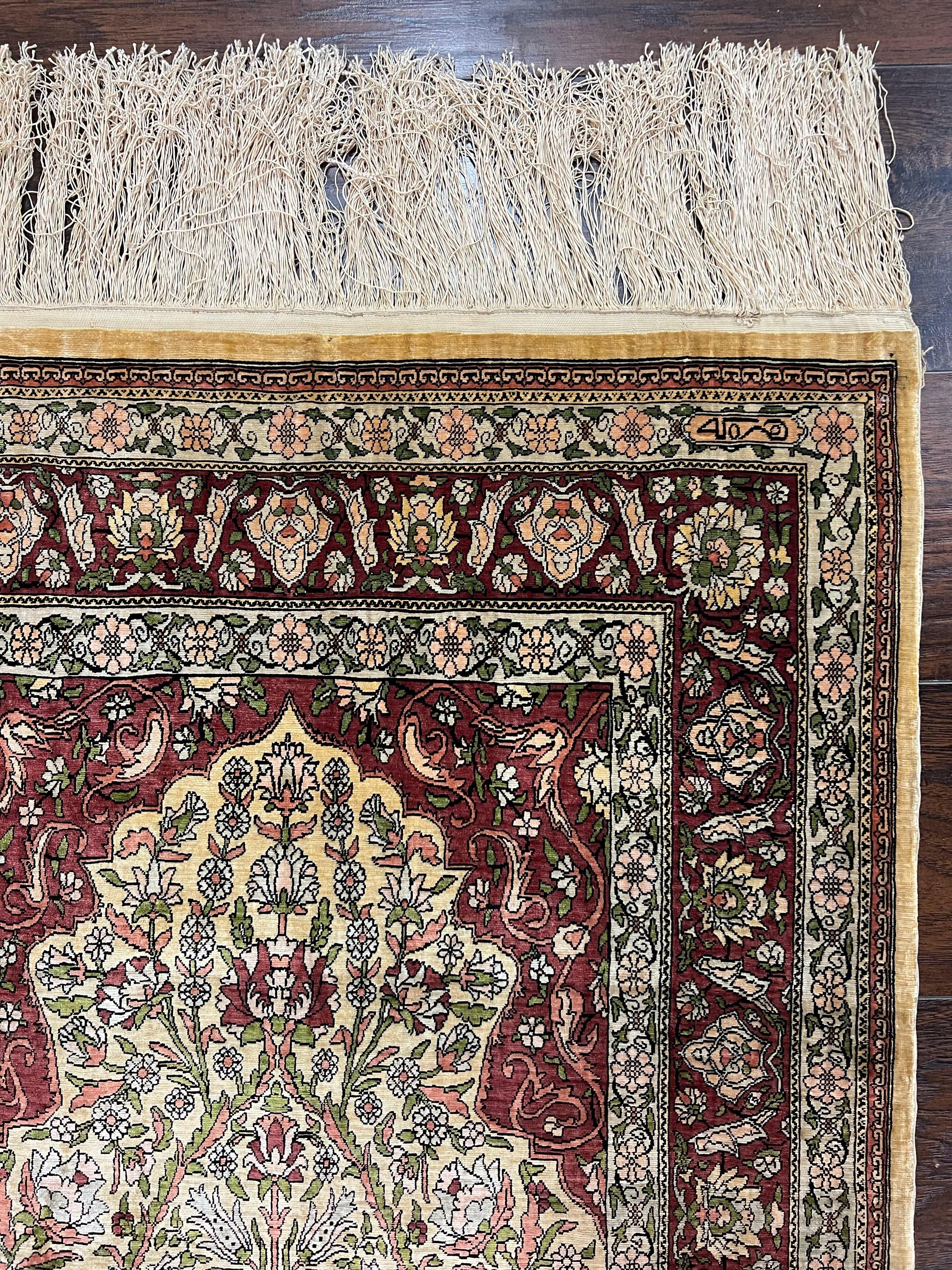 Wonderful Silk Turkish Hereke Prayer Rug 2.8 x 4.5, Tree of Life Design, Signature from Master Weaver, Gold and Burgundy, Handmade, 625 KPSI